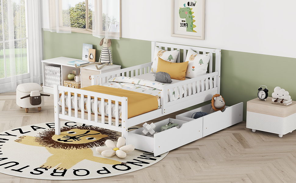 Platform Bed With Guardrails On Both Sides And 2 Storage Drawers