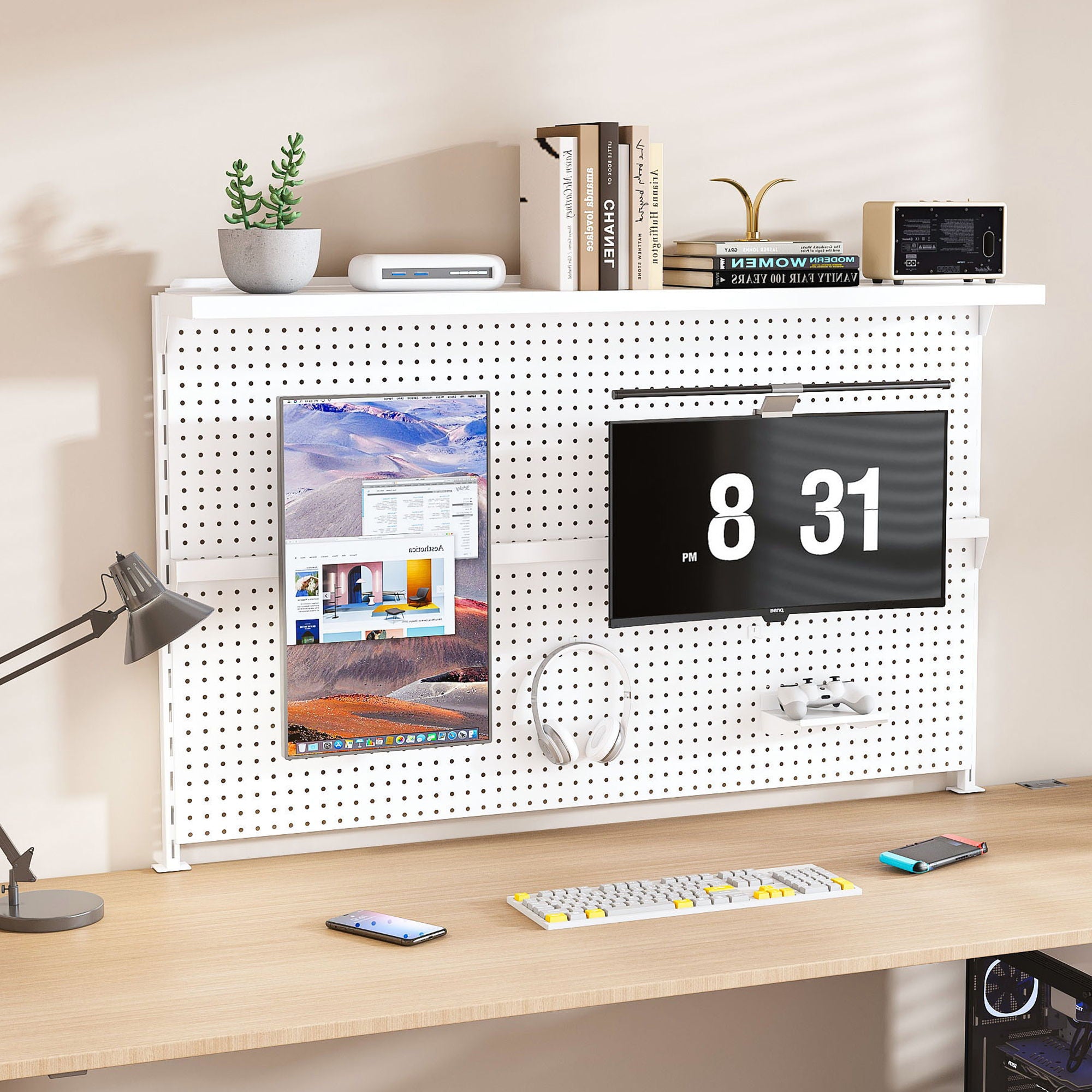 Clamp On Desk Pegboard With Single Monitor Stand