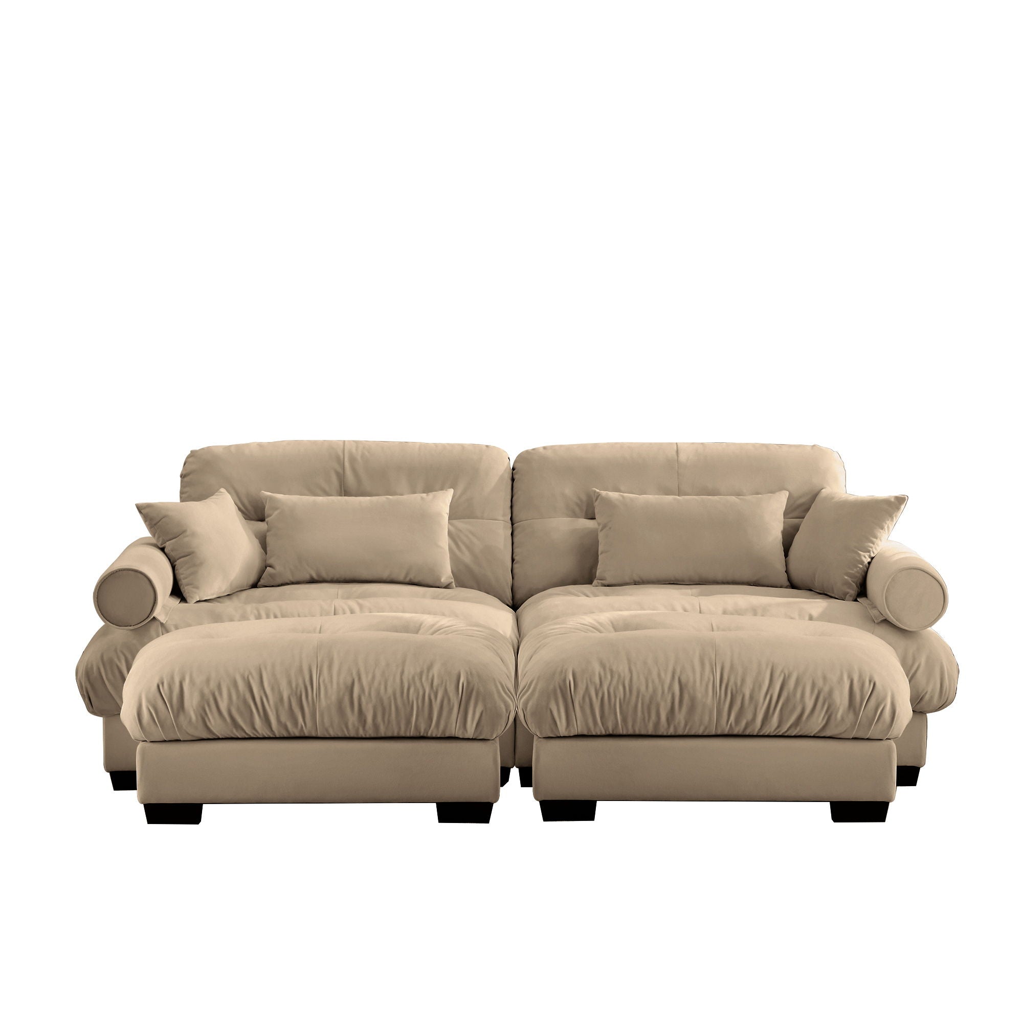Modern Sectional Sofa With Ottoman, Round Bolster Armrests, Waist And Throw Pillows