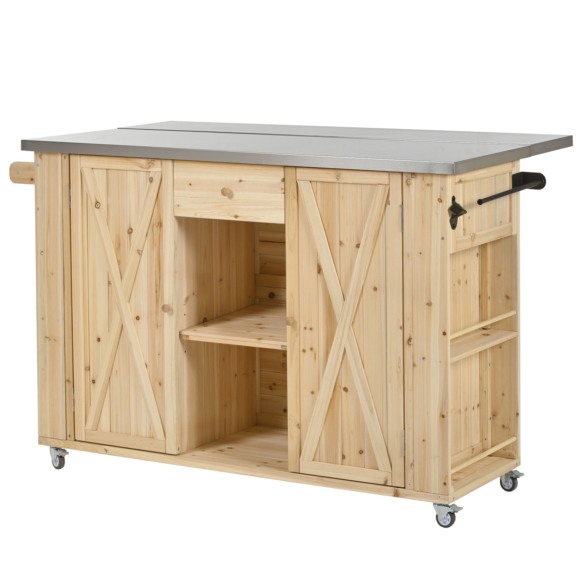 Outdoor Kitchen Island With Stainless Steel Top, Ample Storage Space, Towel And Spice Racks And A Bottle Opener
