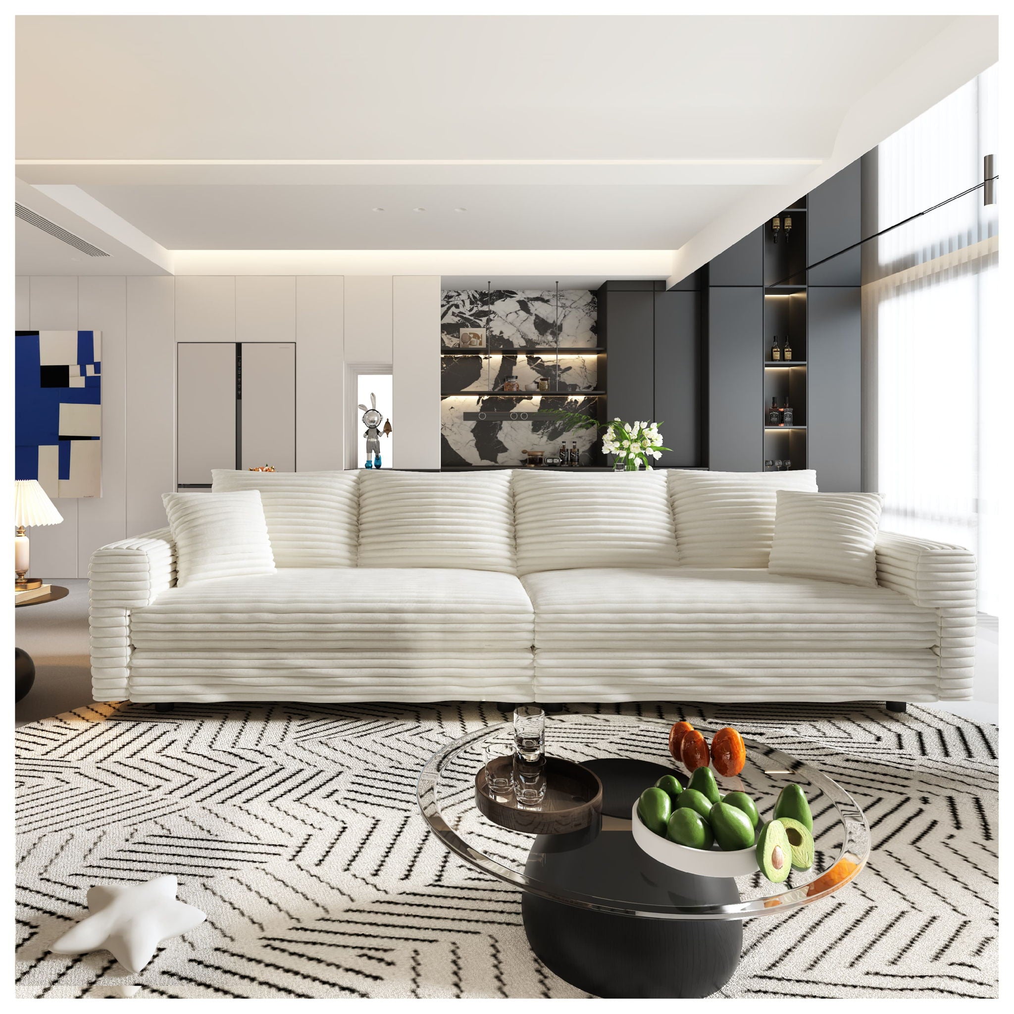 Deep Seat Convertible Sofa With Soft Pillows And Ottomans