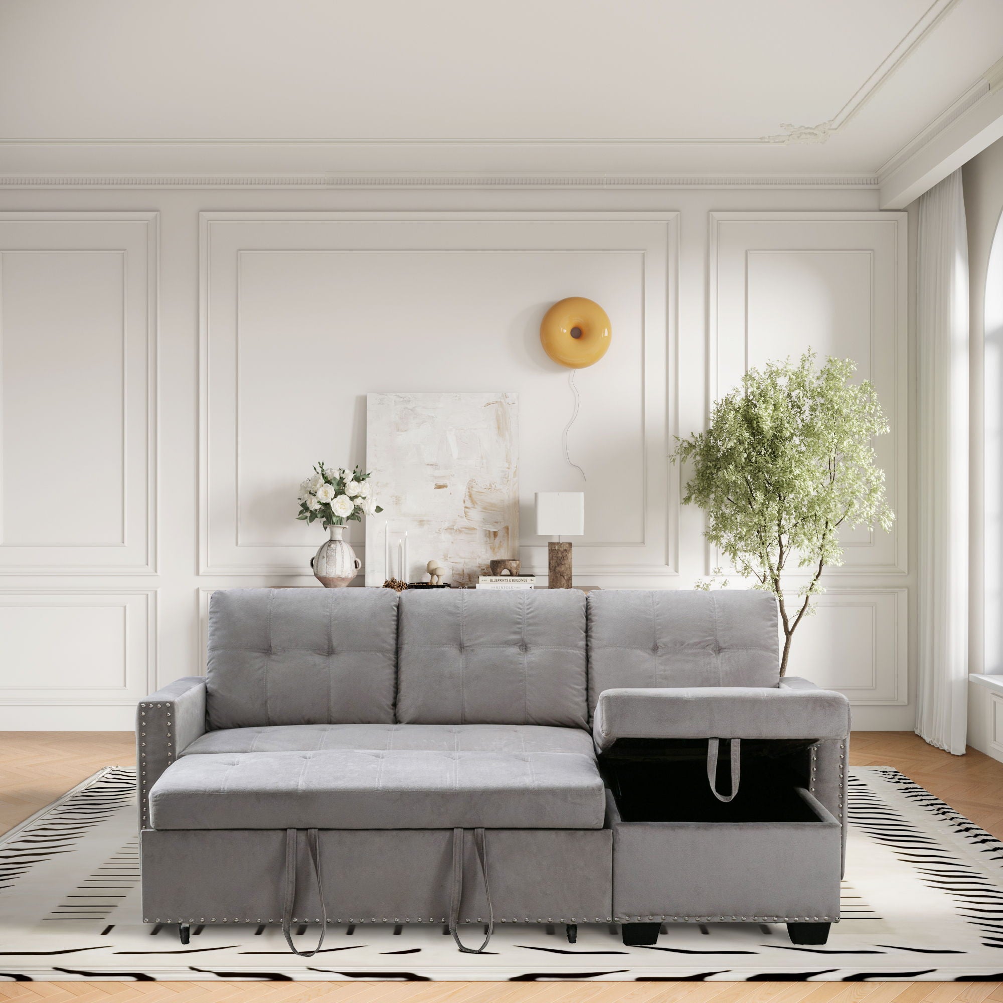 Reversible Sectional Storage Sleeper Sofa Bed, L-Shape 2 Seat Sectional Chaise With Storage, Skin-Feeling Fabric