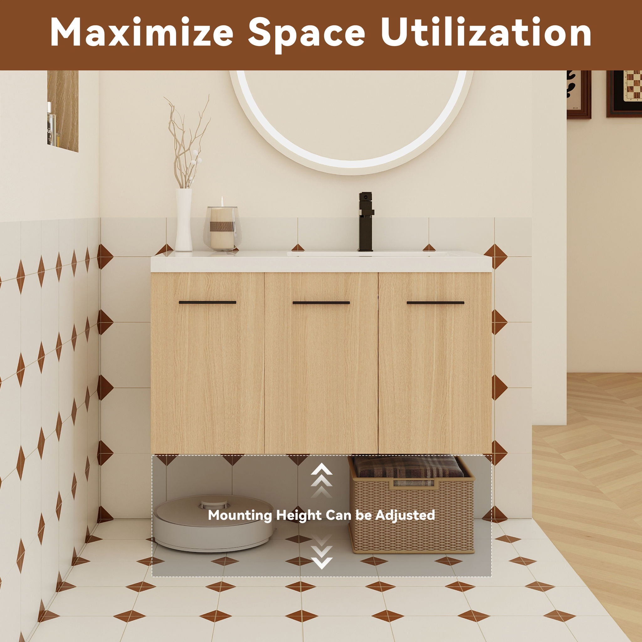Wall Mounted Floating Bathroom Vanity With Sink, 3 Door Modular Cabinet