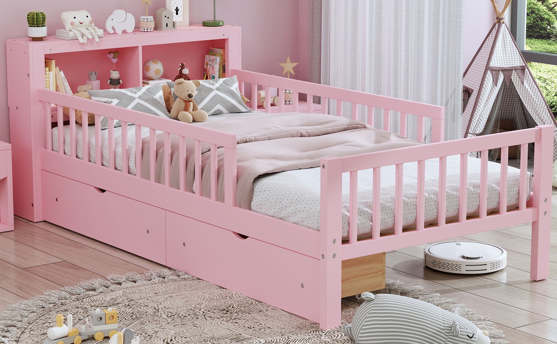 Bed With Headboard Storage Rack, 2 Under Bed Drawers, 3 Side Guardrails For Safety