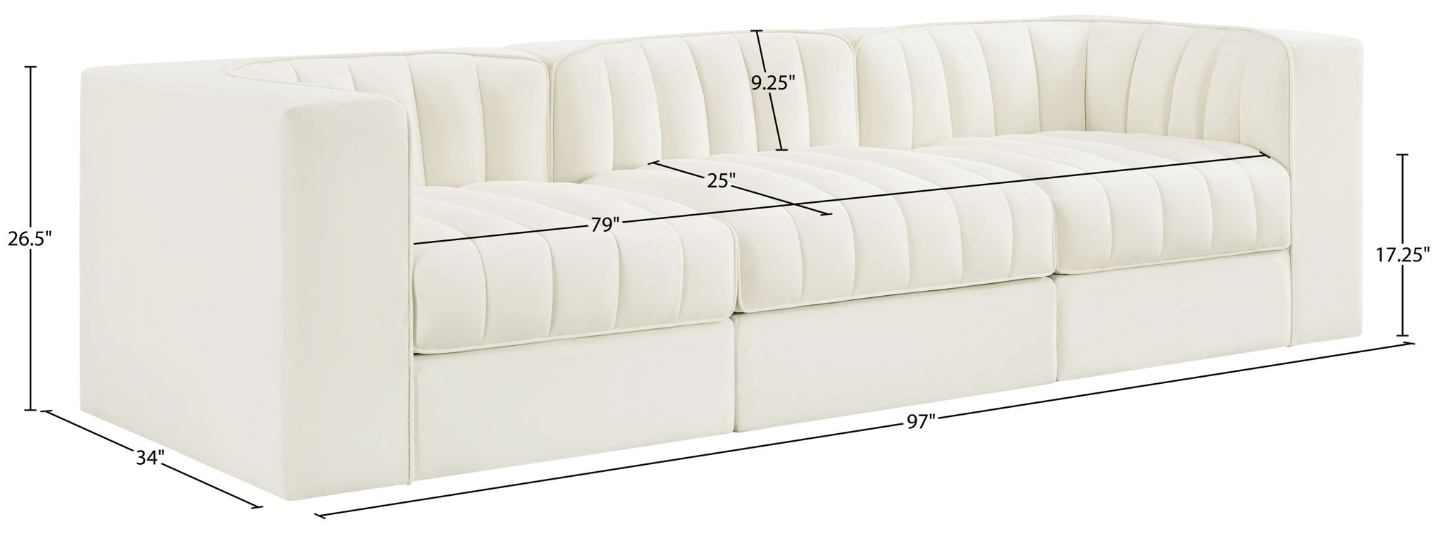 Rummi - Velvet Performance Fabric Upholstered 3 Piece Modular Sofa