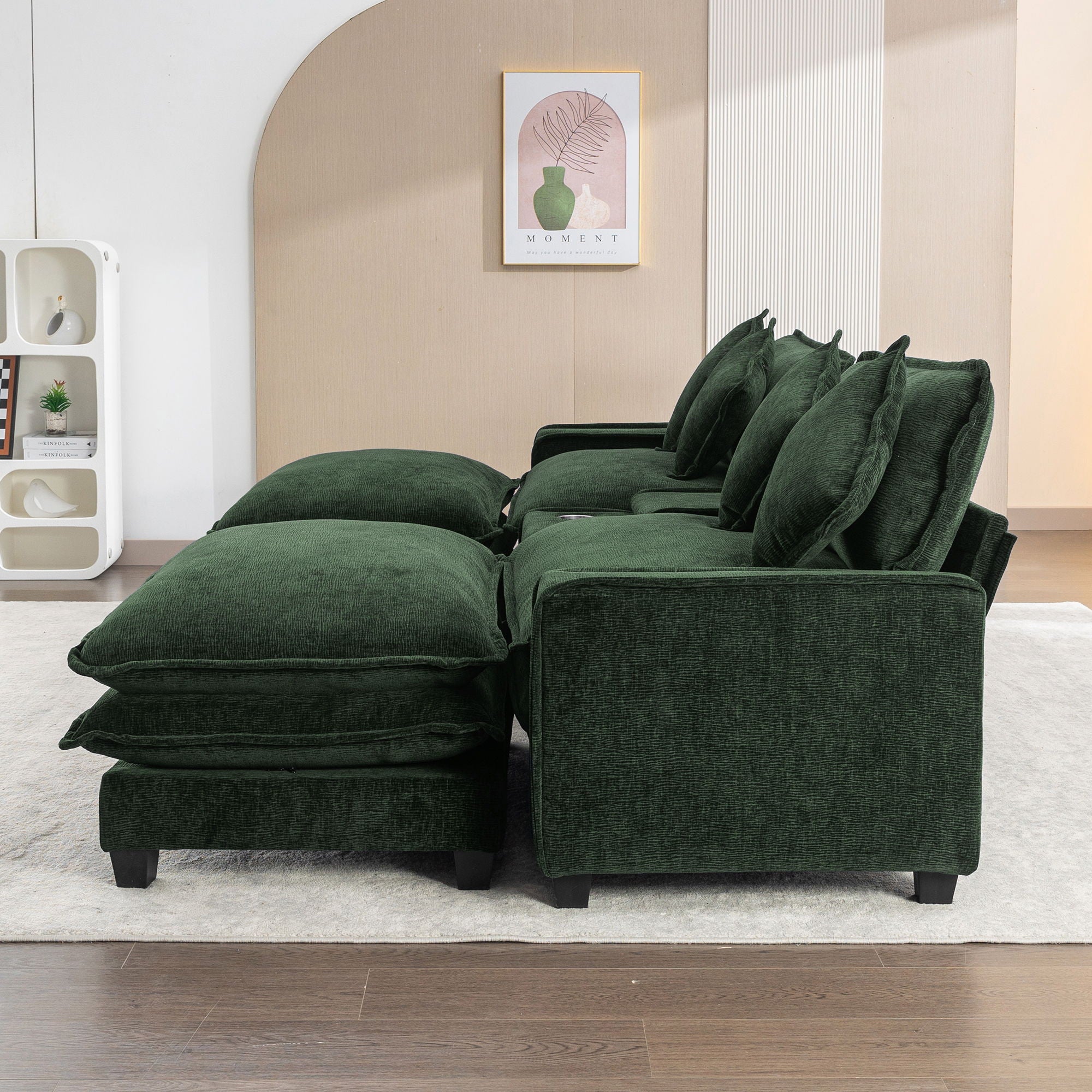 Sectional Sofa Upholstered Sofa With Two Removable Ottoman, Two USB Ports, Two Cup Holders And Large Storage Box For Living Room