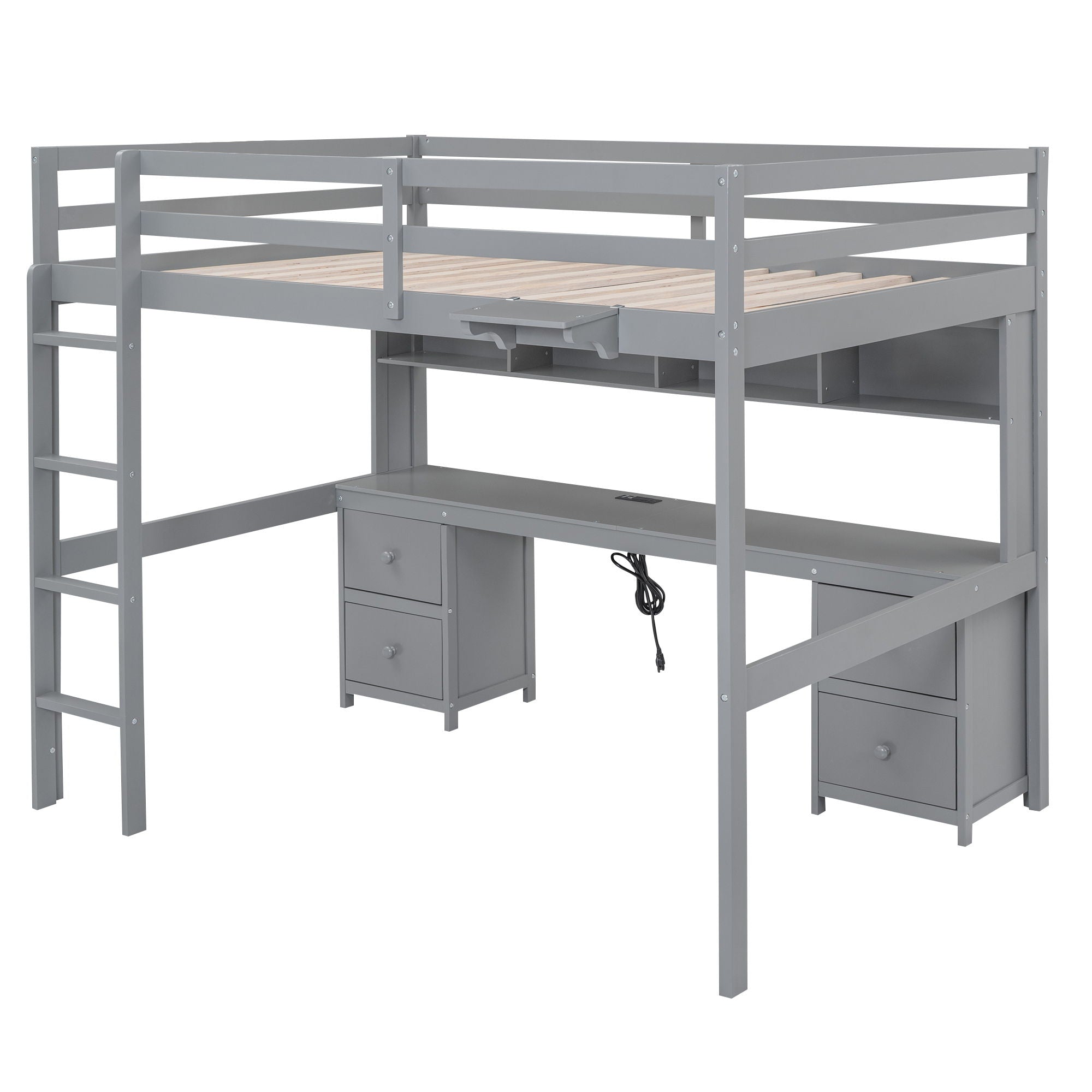 Loft Bed With Desk, Cabinets, Drawers, Charging Station And Bedside Tray