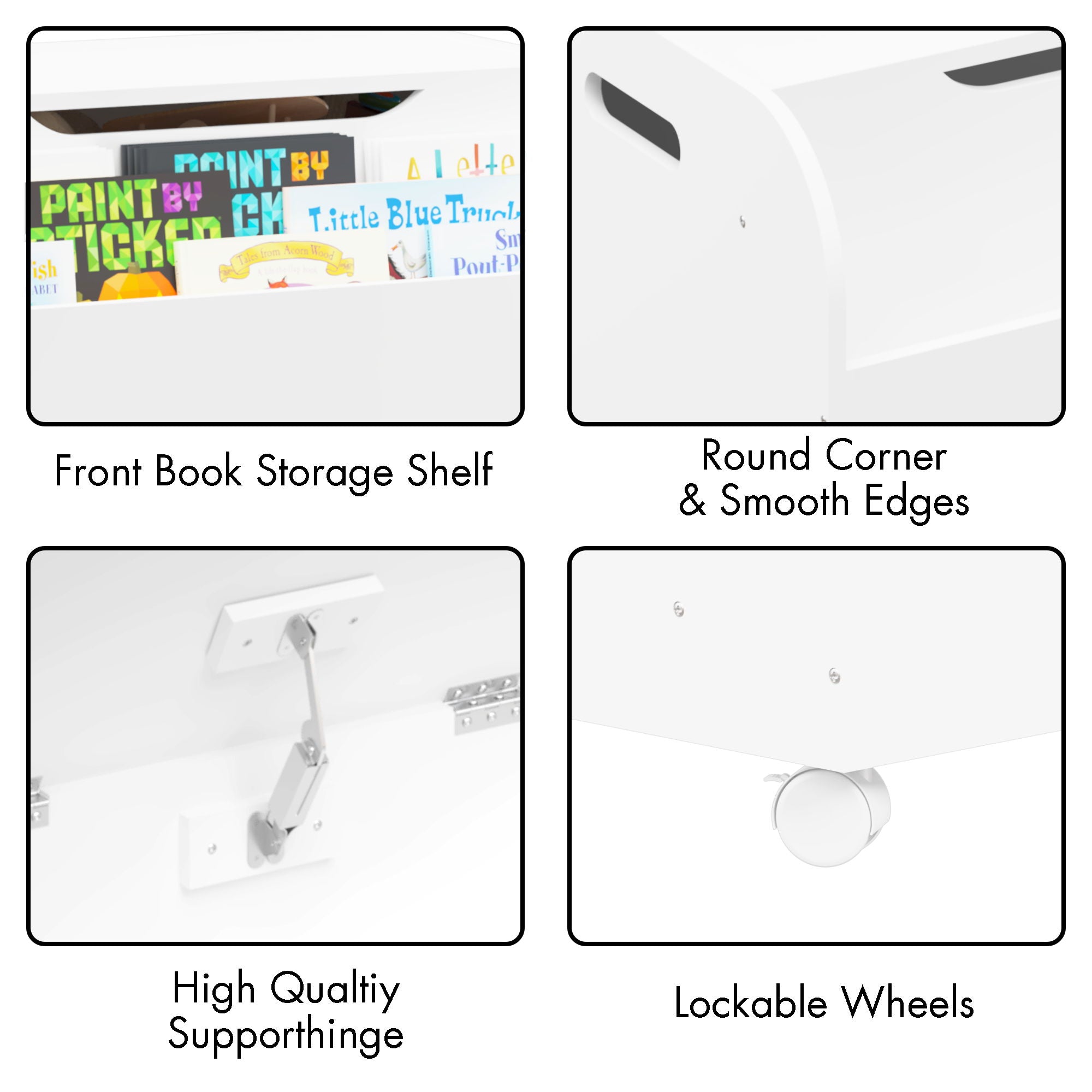 Toy Box With 4 Universal Wheels, Kids Playroom Storage Organizer With Front Bookshelf, Flip Top Lid, Safety Hinge - White