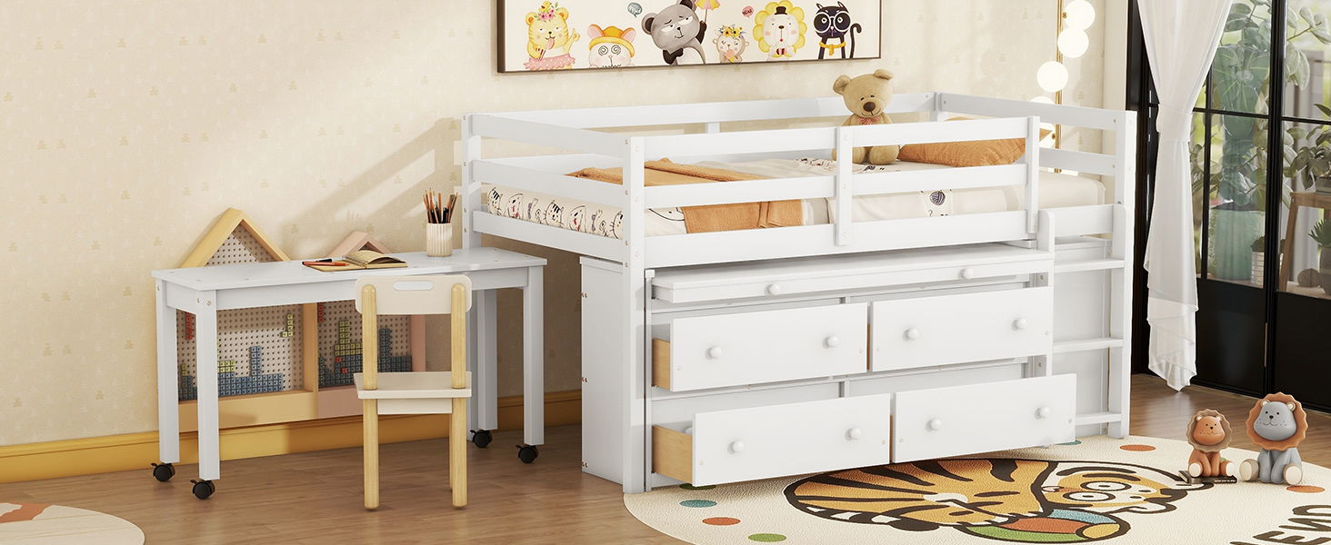 Loft Bed With Retractable Writing Desk And 4 Drawers, With Lateral Portable Desk And Shelves