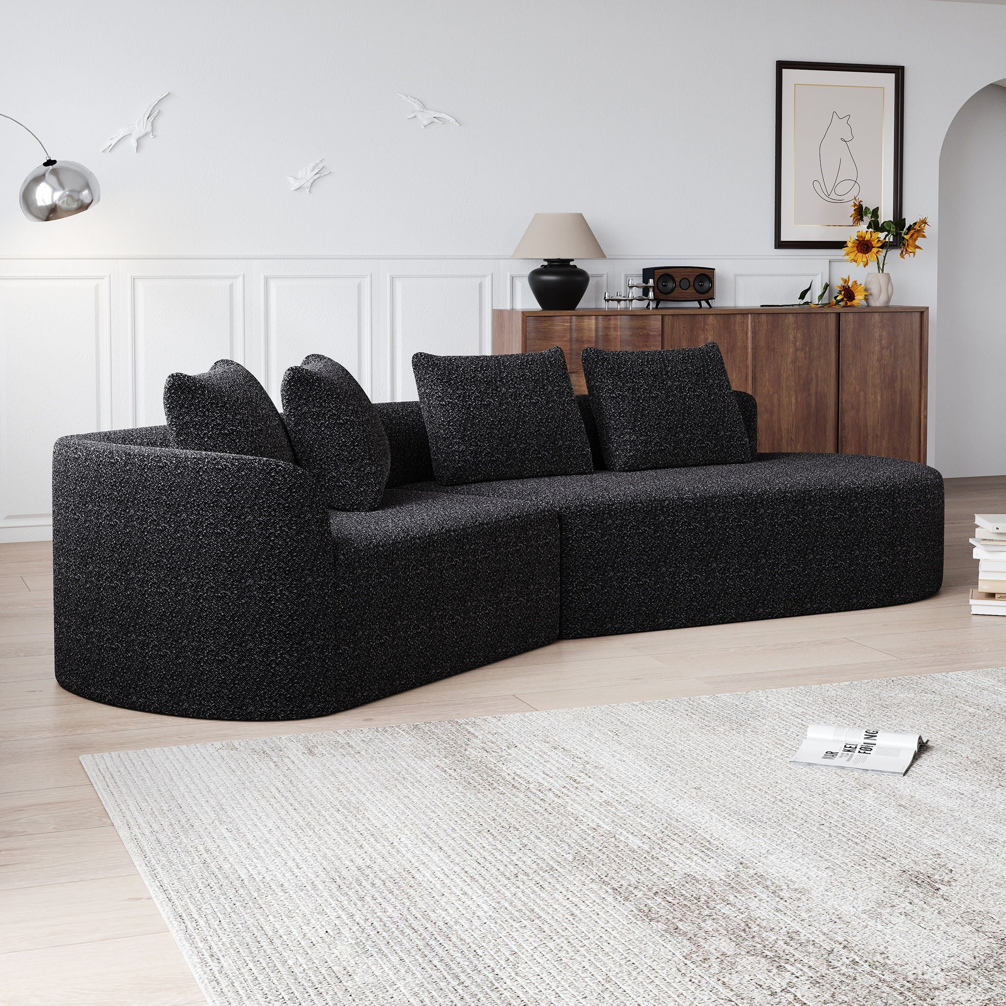 Upholstered Oversized Sectional Sofa, 4 Seater Extra Deep & Wide Curved Cloud Couch With 4 Throw Pillows For Living Room - Black