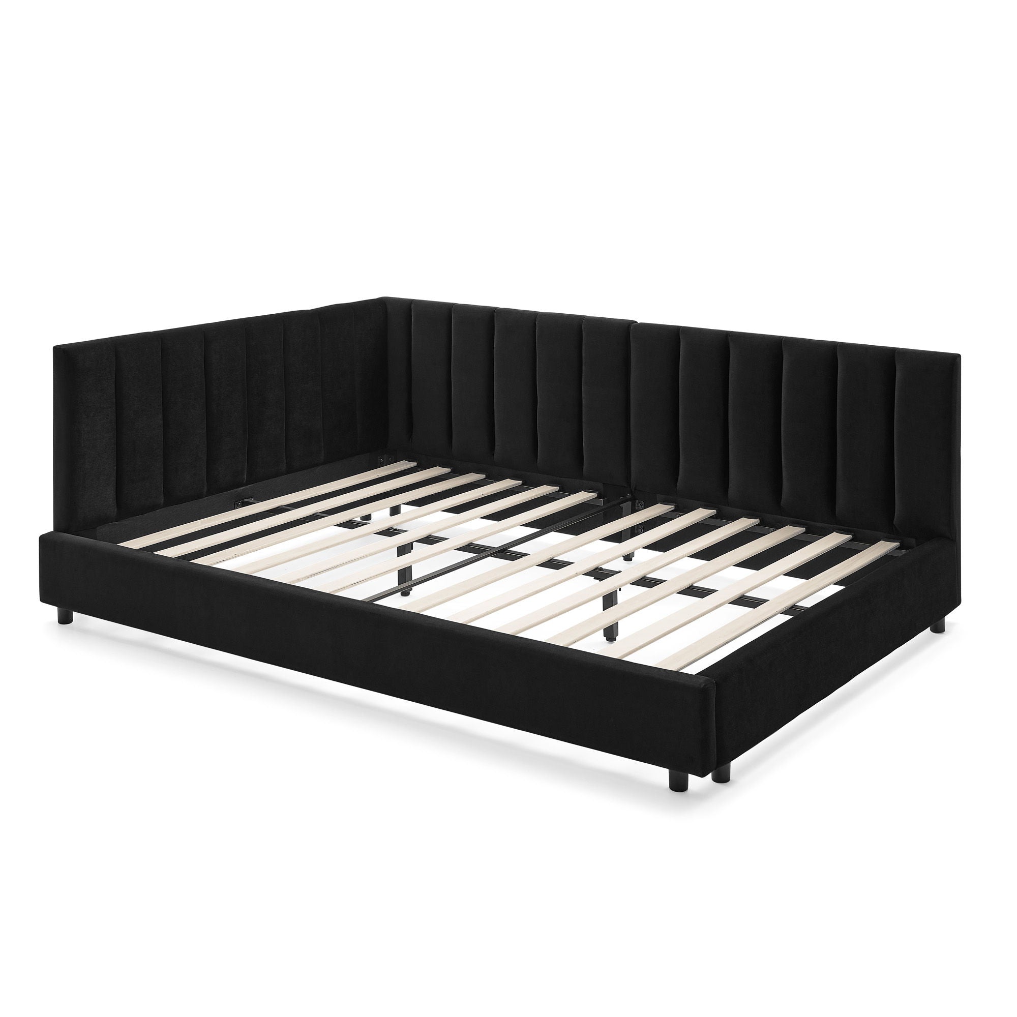 Mid-Century Upholstered Tufted Bed Frame With Backrest And Armrests