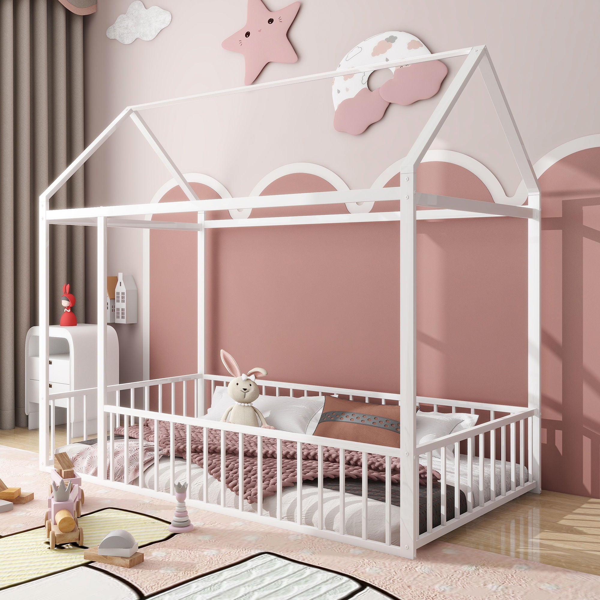 Metal Bed House Bed Frame With Fence
