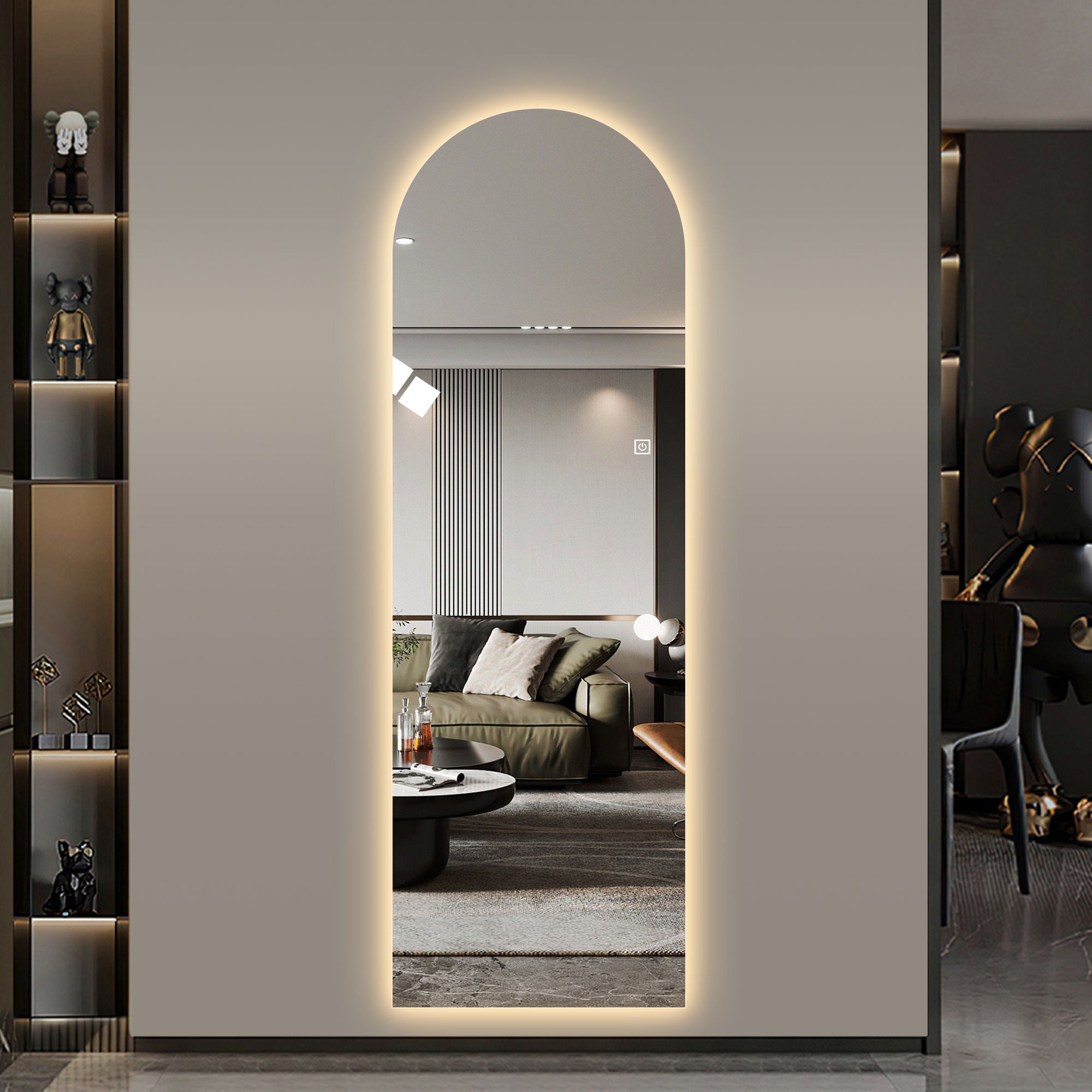 LED Full Length Wall Mirror With Symmetrical Arch Design, 3 Color Dimmable Lighting - Silver