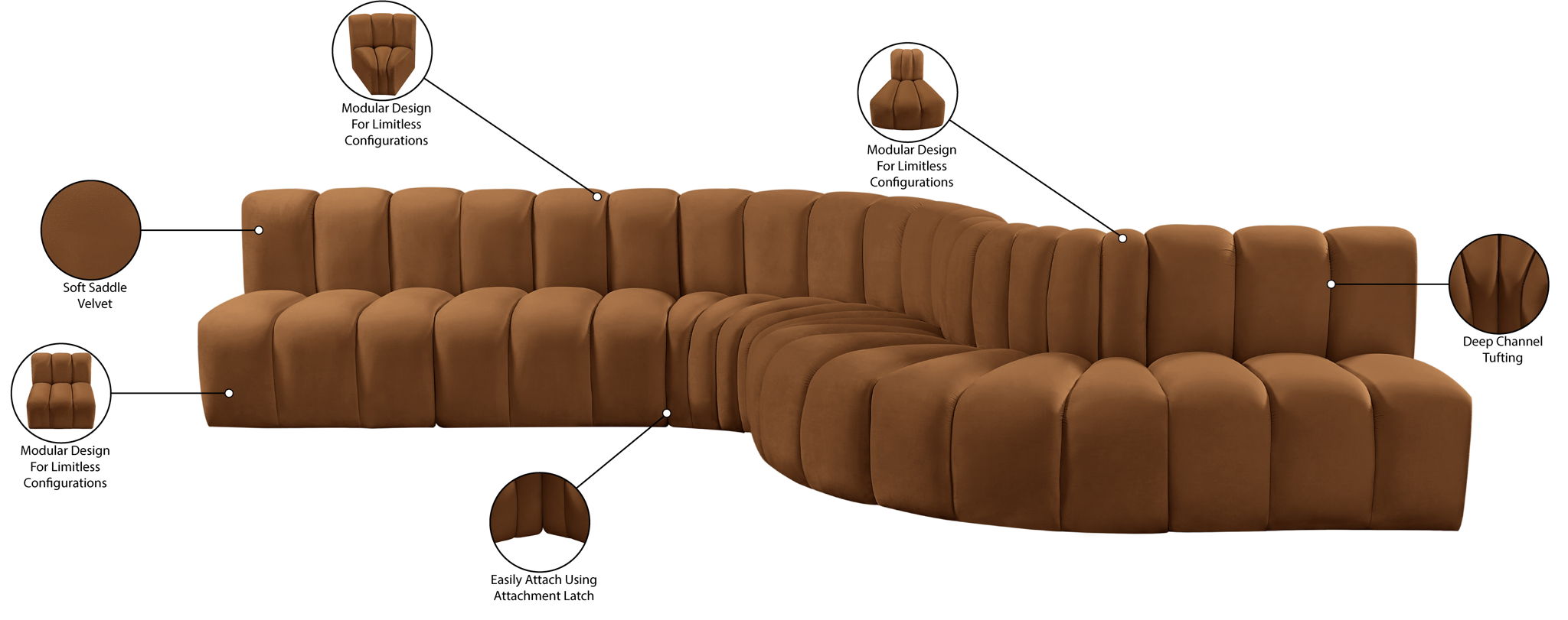 Arc - Velvet 7 Piece Modular Sofa - Saddle