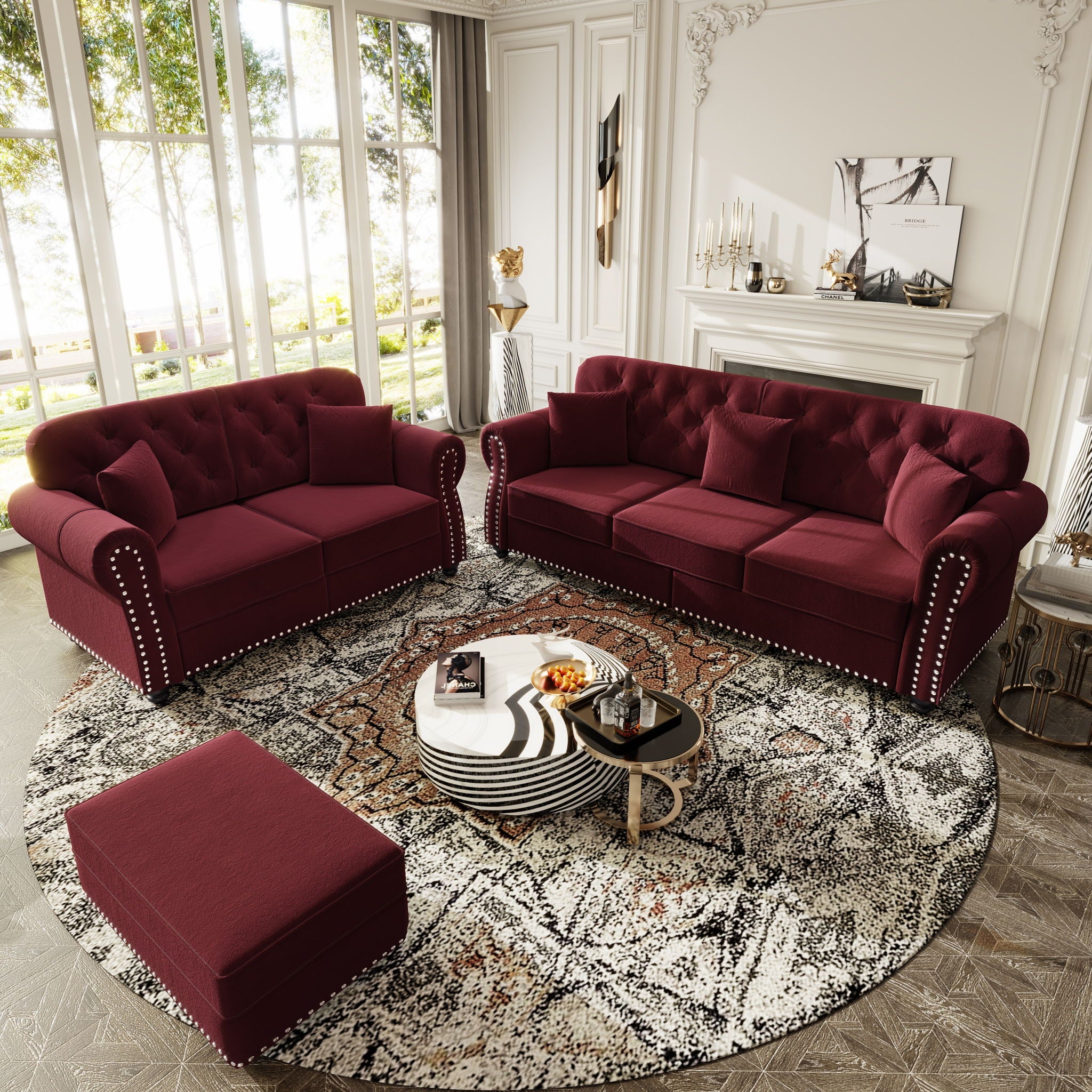 Upholstered Sofa Set With Nailhead Trim And Rolled Armrests, Includes Pillows