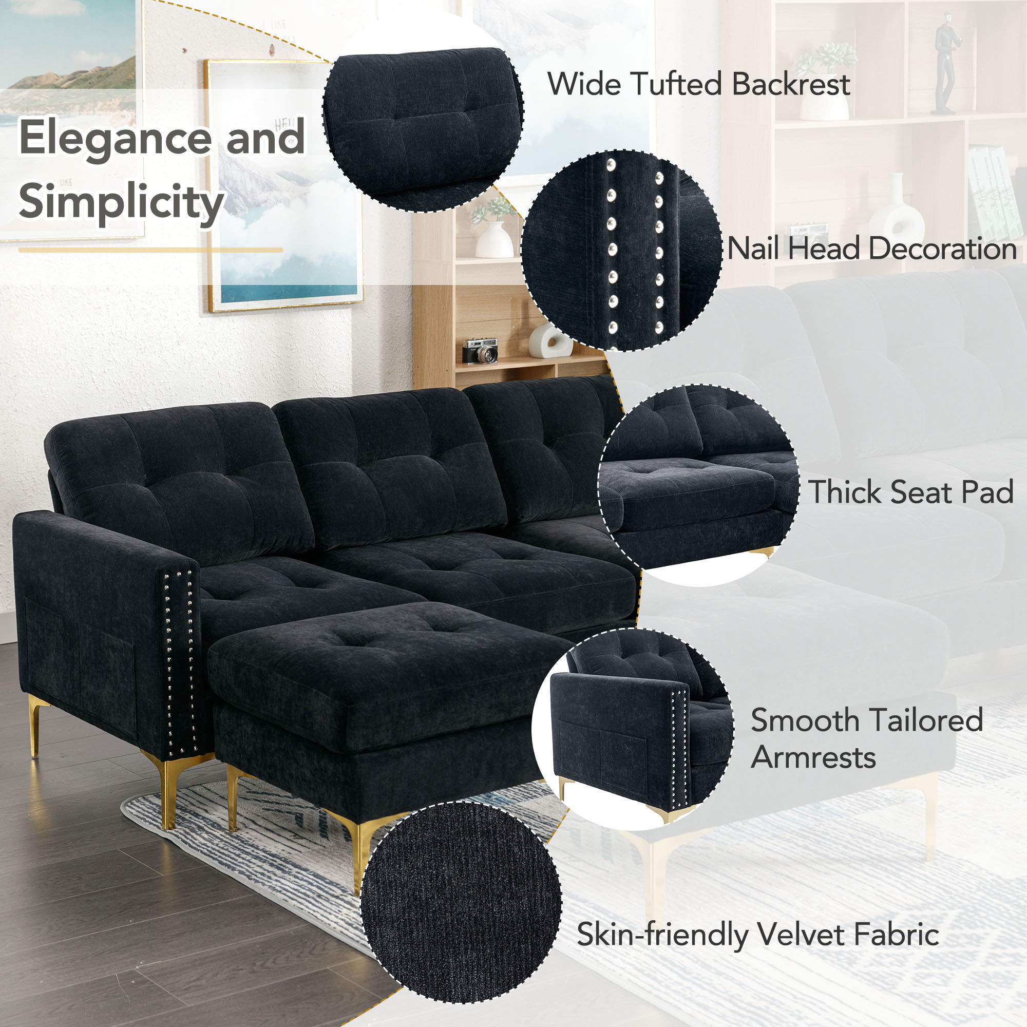Modern L - Shape Convertible Sectional Sofa With Movable Ottoman