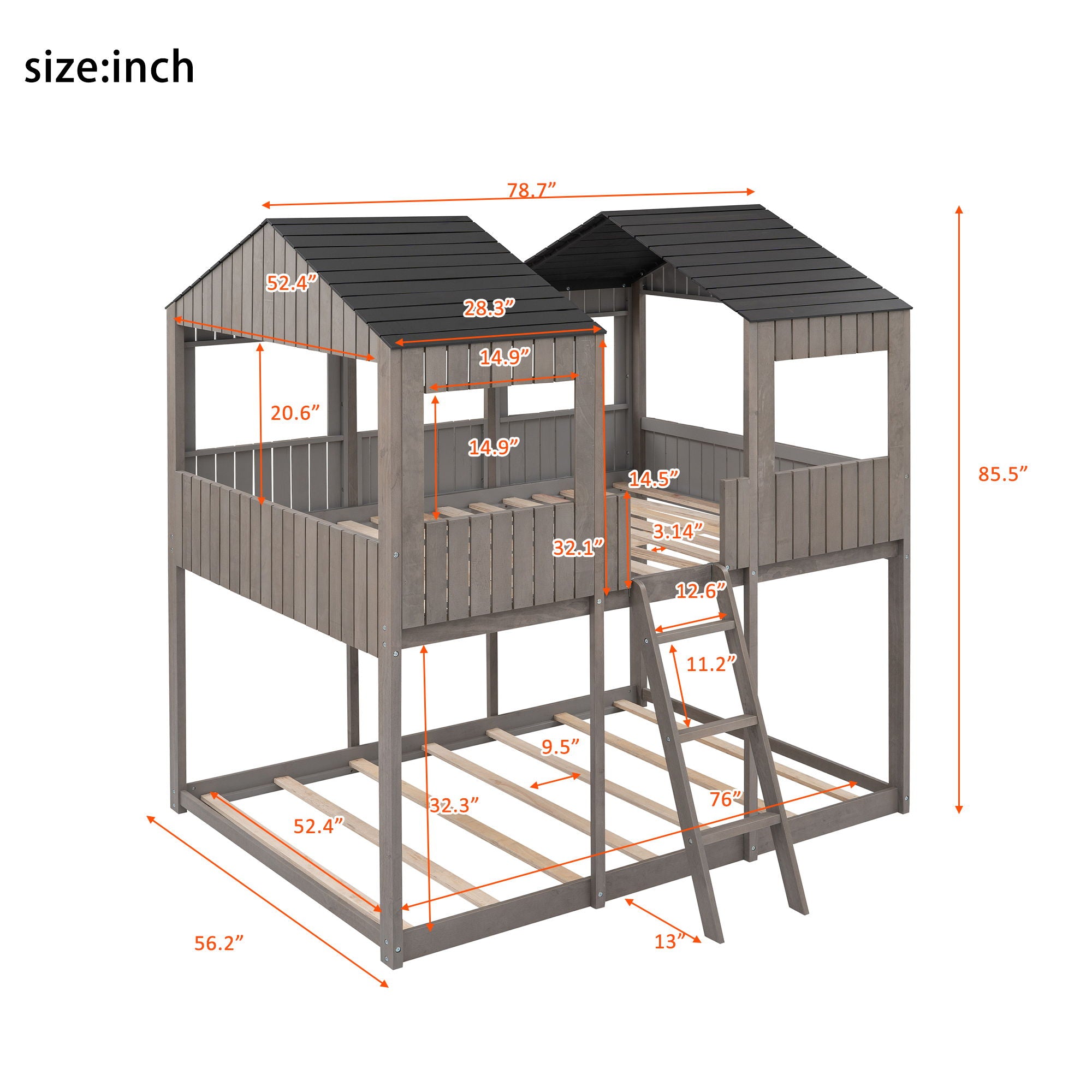 Bunk Bed With Roof, Window, Guardrail, Ladder