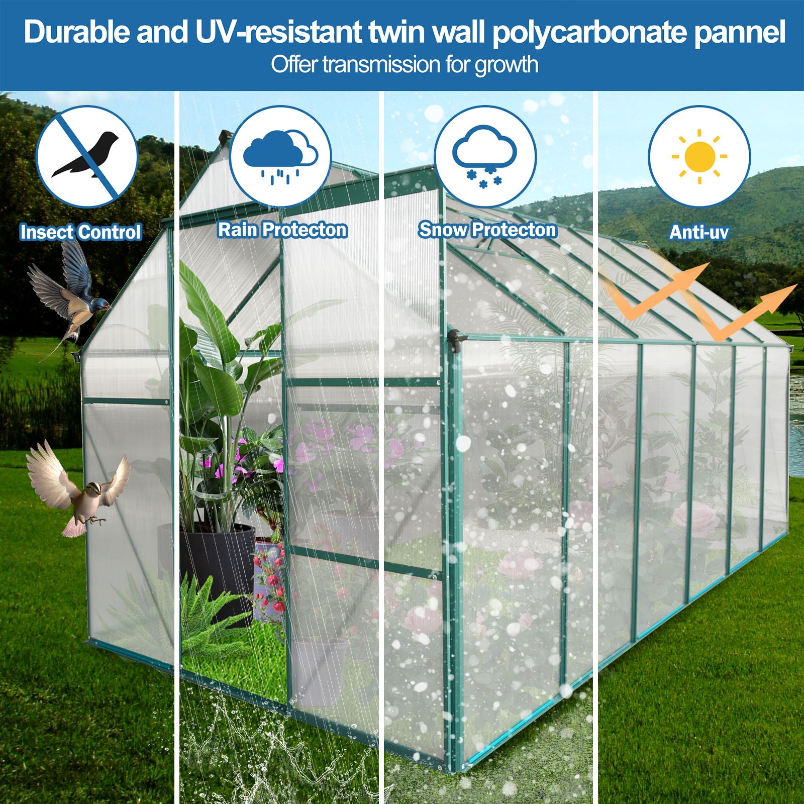 Polycarbonate house Raised Base And Anchor Aluminum Heavy Duty Walk-In houses For Outdoor Backyard In All Season