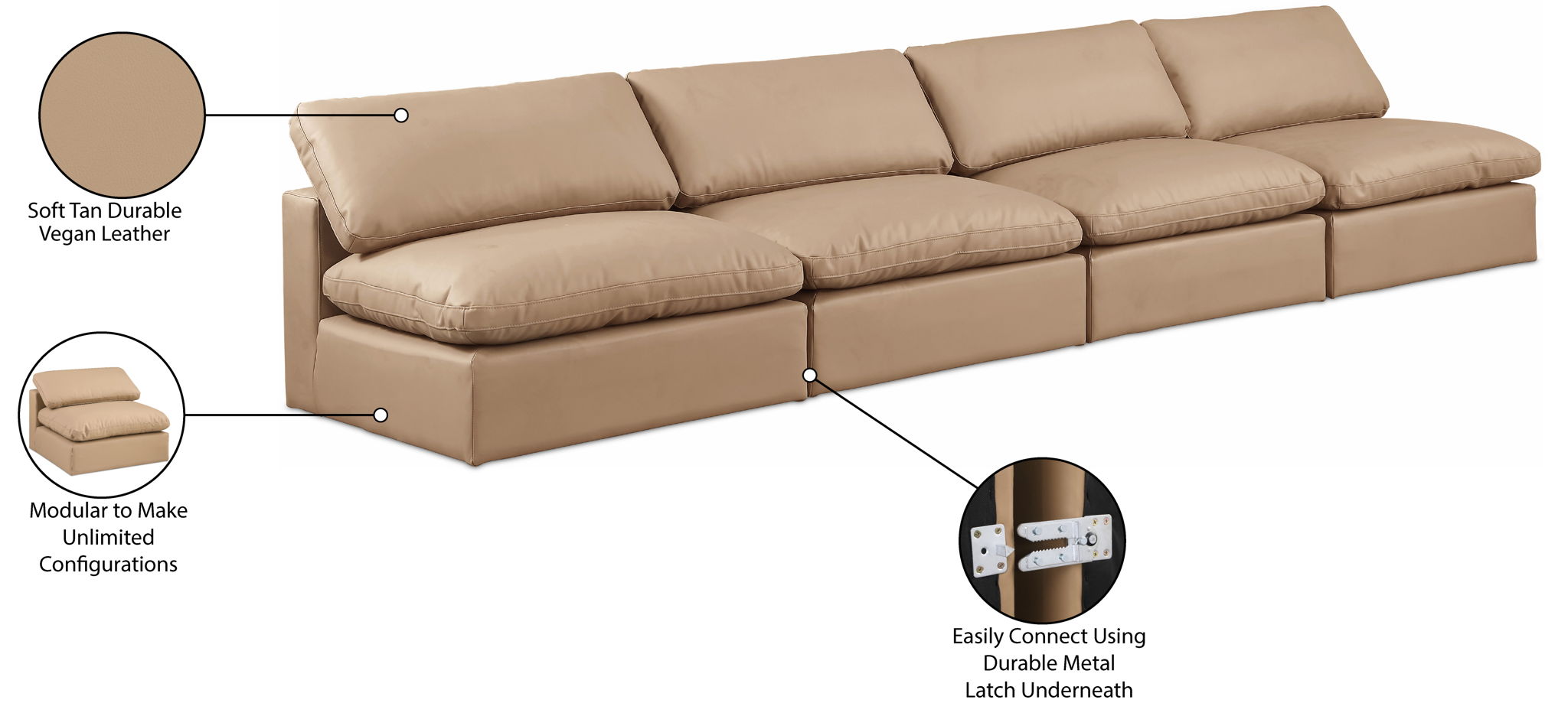 Comfy - Faux Leather Modular Armless Sofa 4 Pieces - Tan