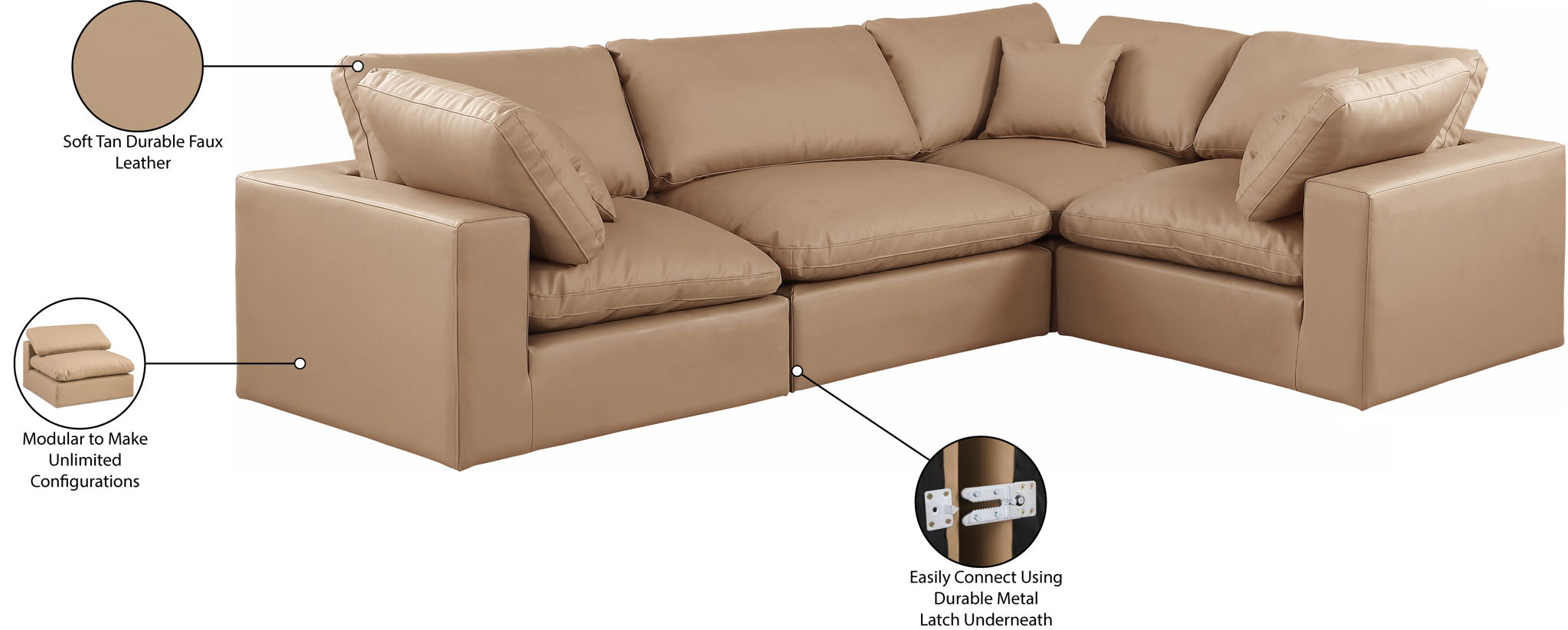 Comfy - 4 Piece Faux Leather Modular Sectional - Tan