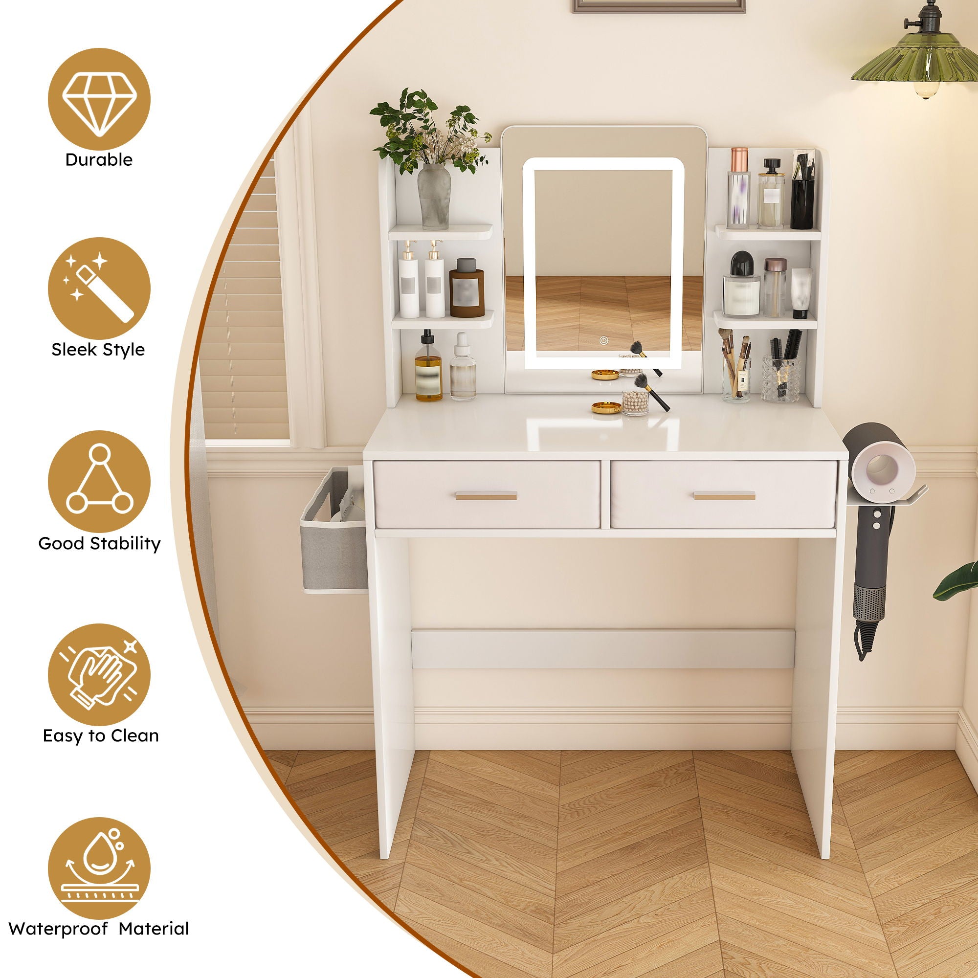 Elegant LED Mirror Vanity Dressing Table With Adjustable Lights, Drawers & Storage - White