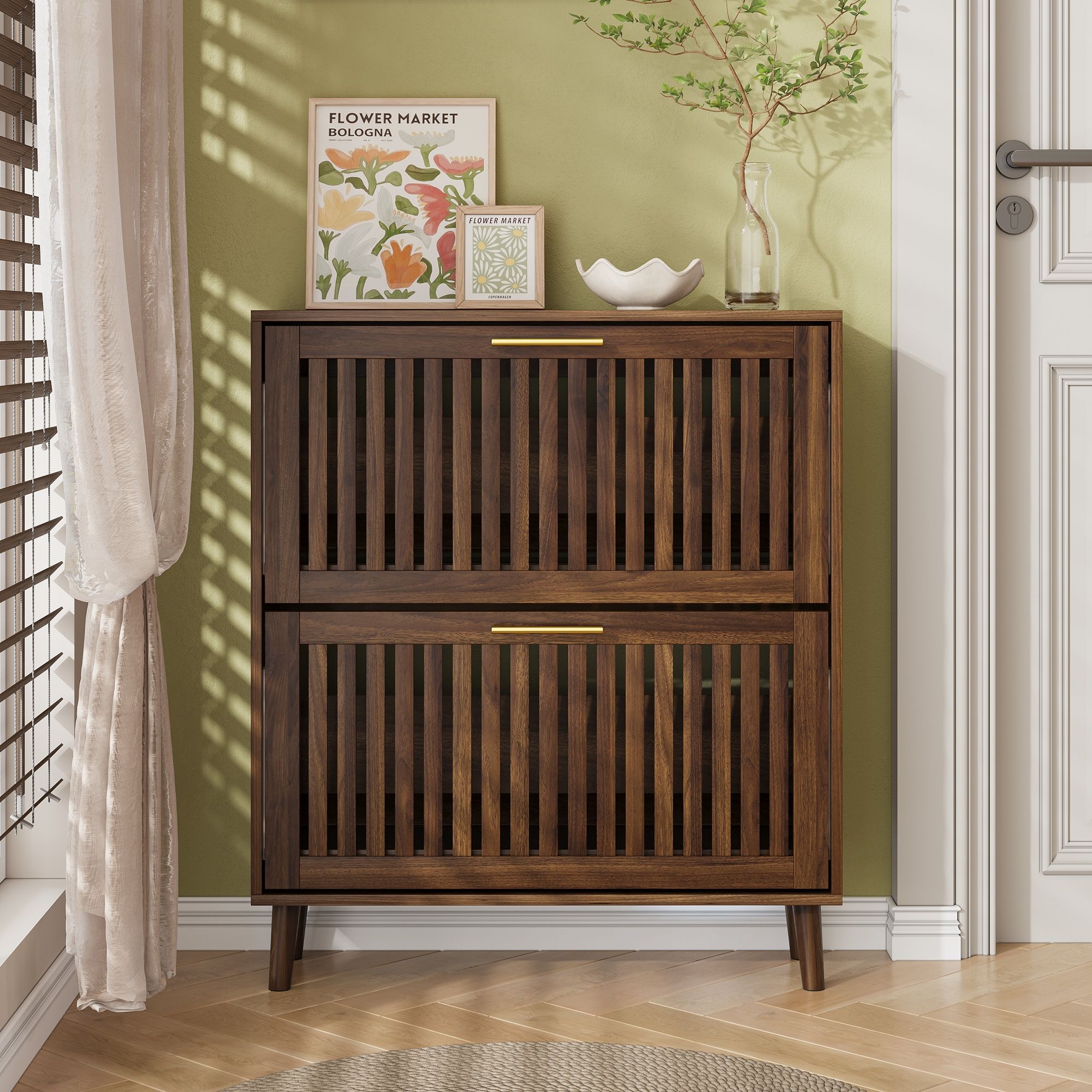 Medieval Modern Shoe Cabinet With 2 Flip Drawers And Fence Design