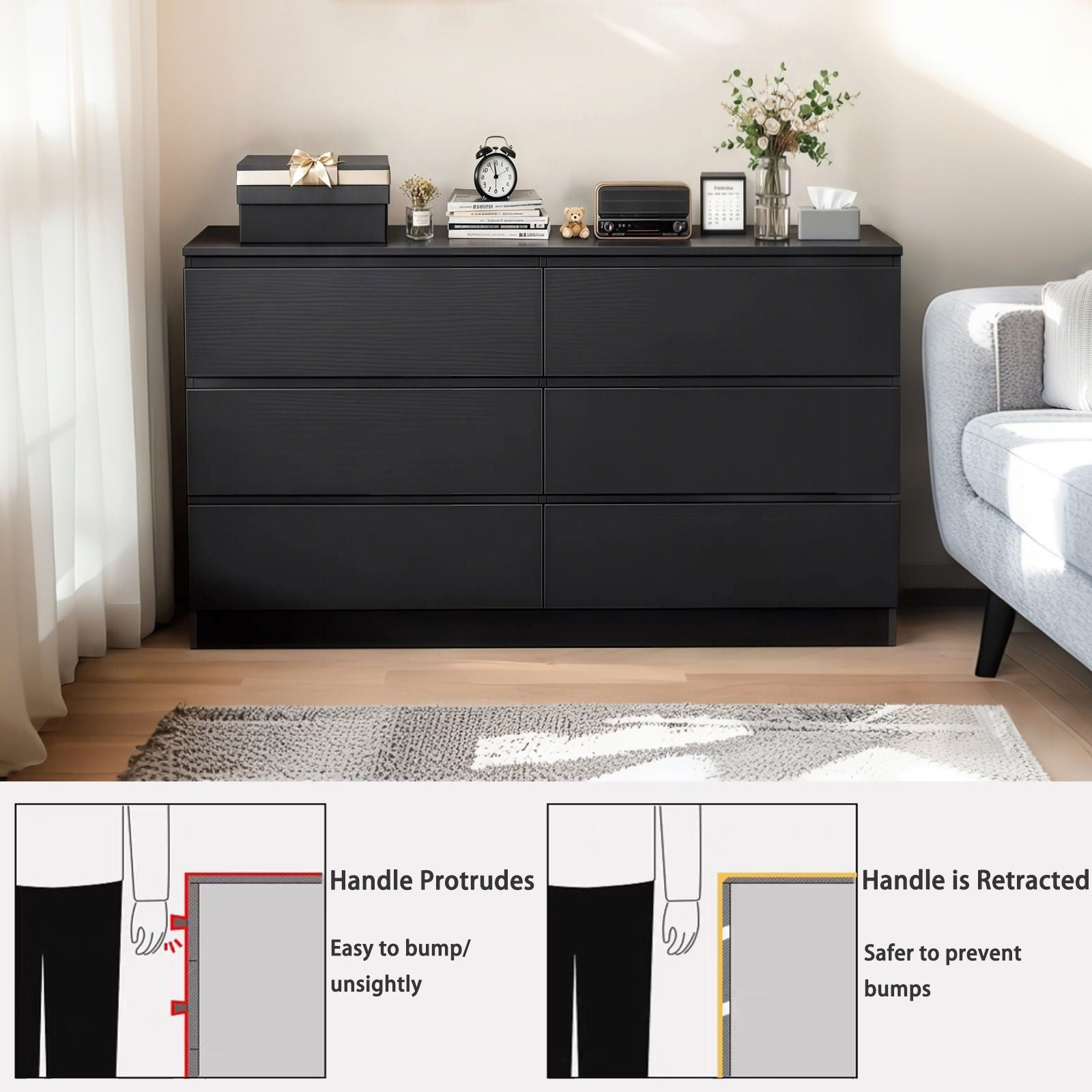 6 Drawer Dresser With Spacious Countertop And Concealed Handles