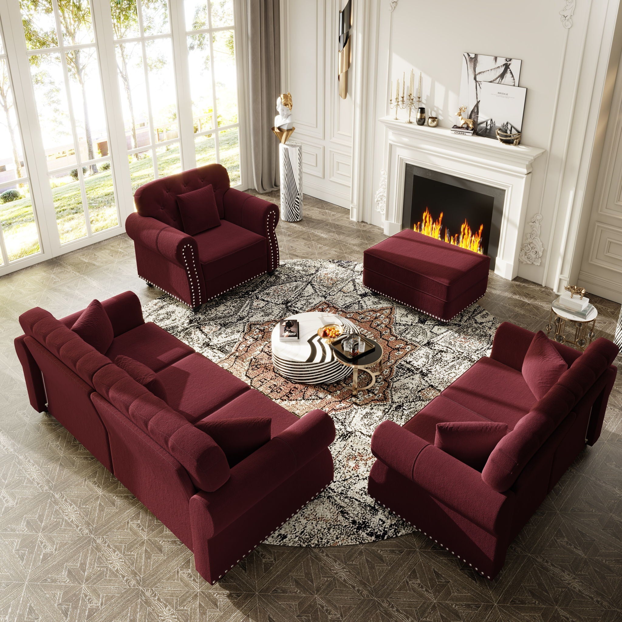 Upholstered Sofa Set With Nailhead Trim And Rolled Armrests, Includes Pillows