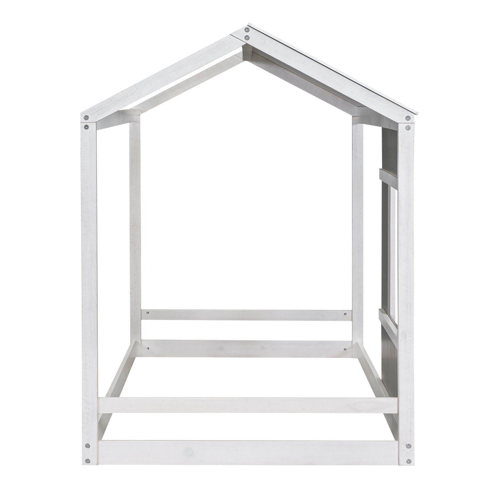 Twin Size House Platform Bed With Roof And Window - Natural / White