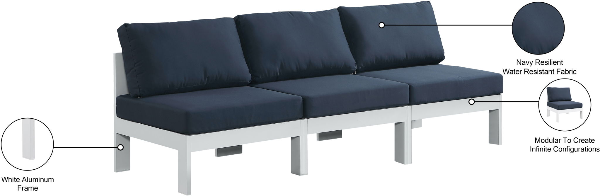 Nizuc - Outdoor Patio 3 Seat Armless Modular Sofa With White Frame