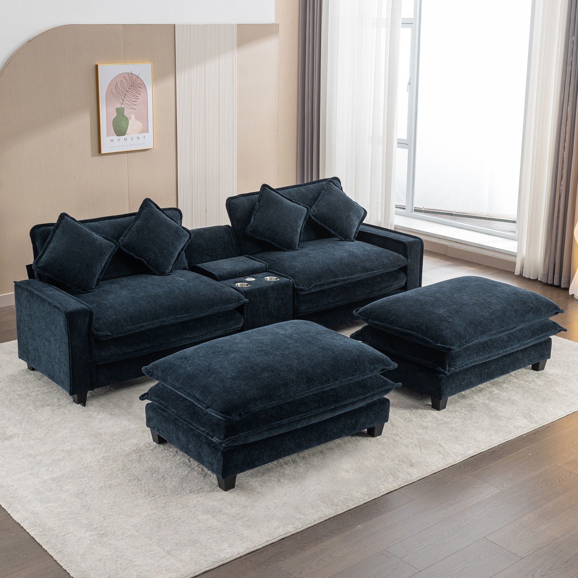 Sectional Sofa Upholstered Sofa With Two Removable Ottoman, Two USB Ports, Two Cup Holders And Large Storage Box For Living Room