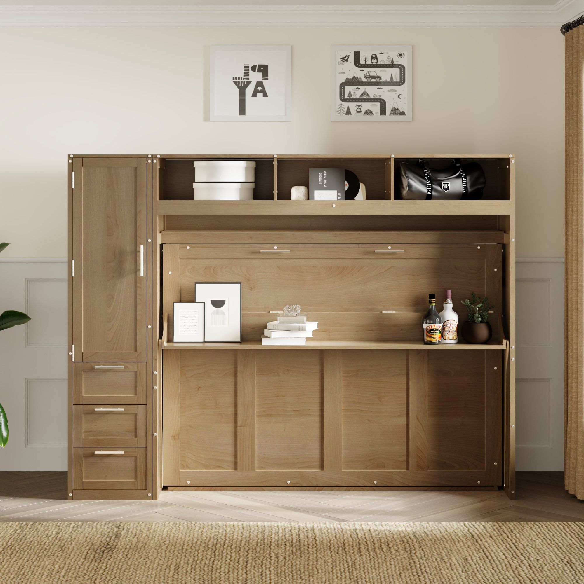 Full Size Murphy Bed With Wardrobe, Drawers, And Open Shelves - Wood