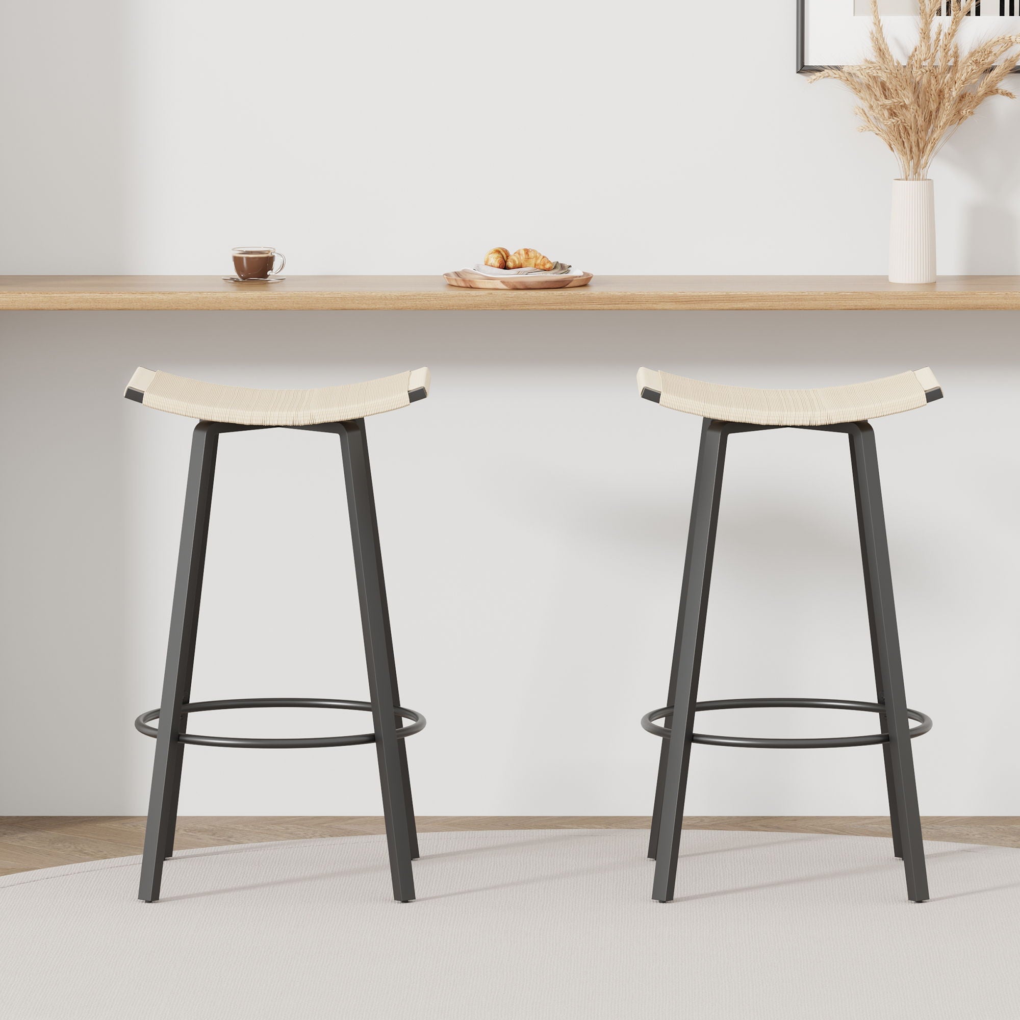 Counter Height Bar Stools Backless Handwoven Kitchen Dining Chairs With Round Footrest (Set of 2) Weaving Pub Stoo - Creamy White