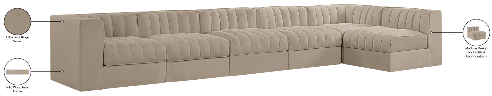 Rummi - Velvet Performance Fabric Upholstered 6 Piece Modular Sectional, L-Shaped (Right)