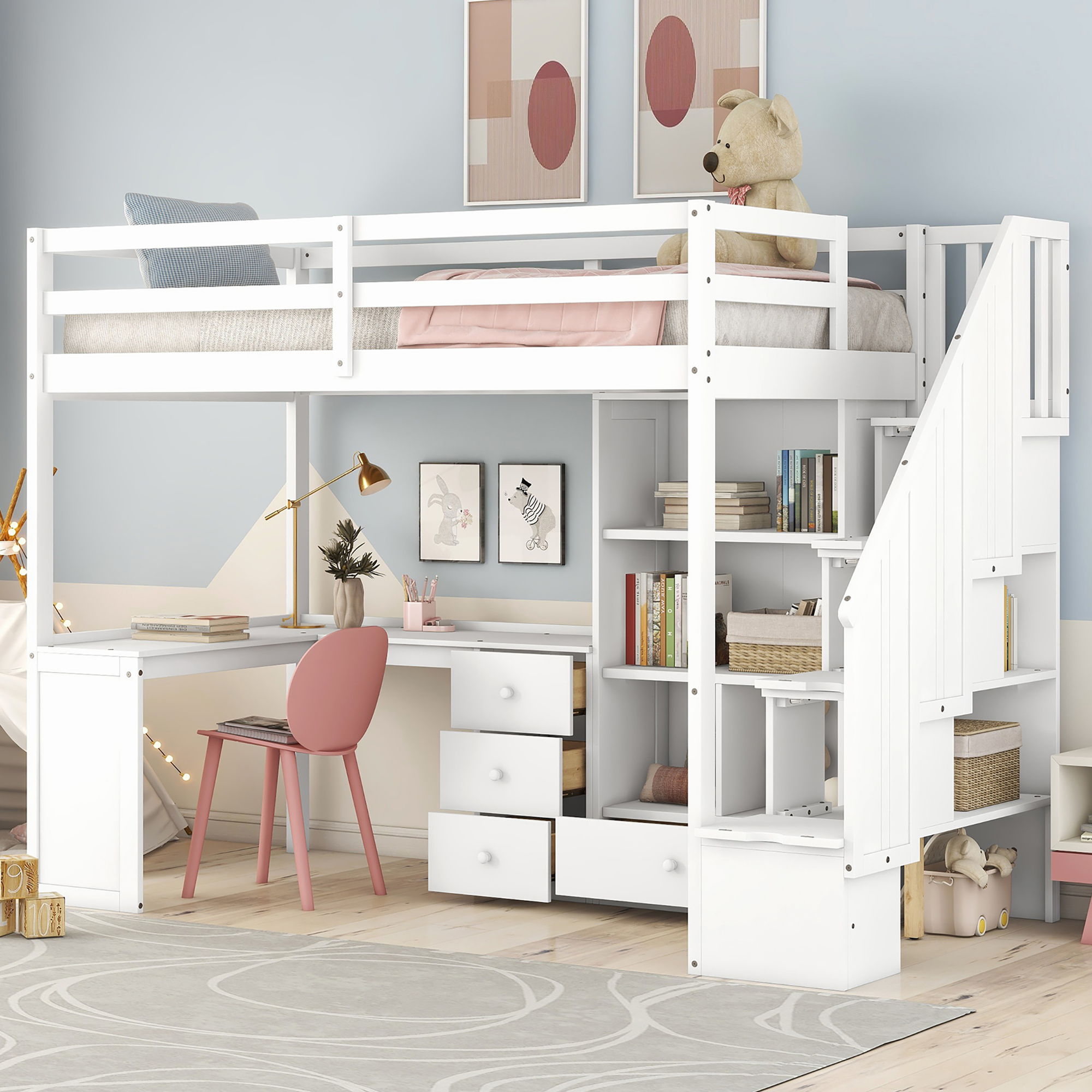 Loft Bed With L Shaped Desk, Drawers, Cabinet, And Storage Staircase