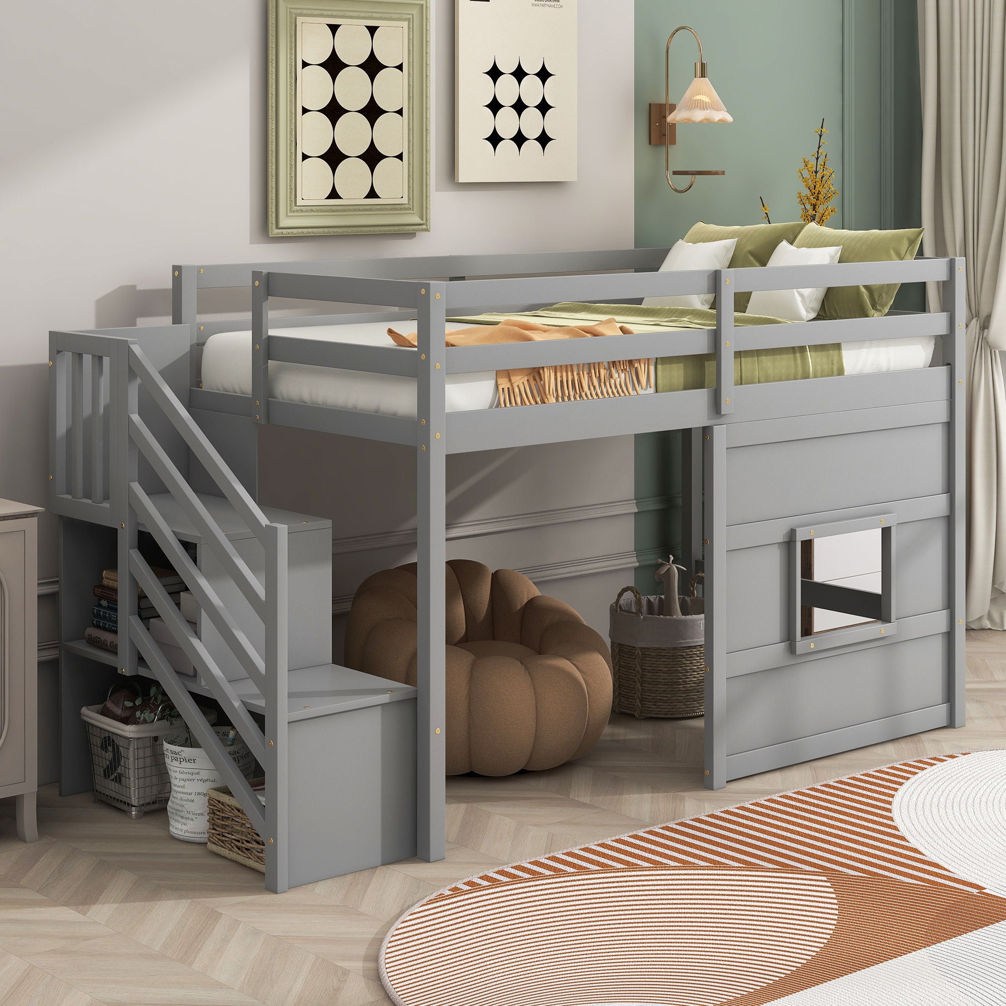Loft Bed With Storage Staircase, Window & LED Light