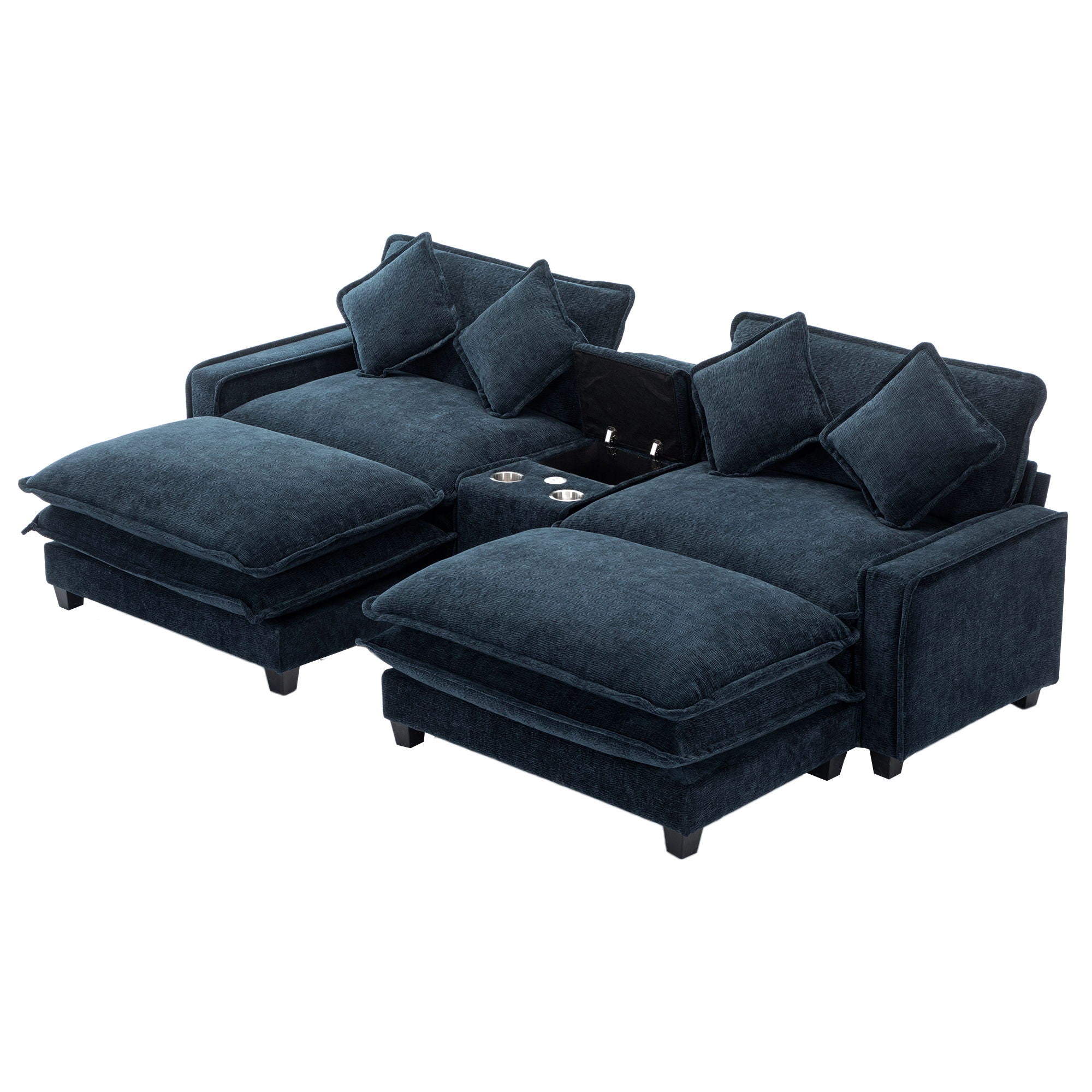 Sectional Sofa Upholstered Sofa With Two Removable Ottoman, Two USB Ports, Two Cup Holders And Large Storage Box For Living Room