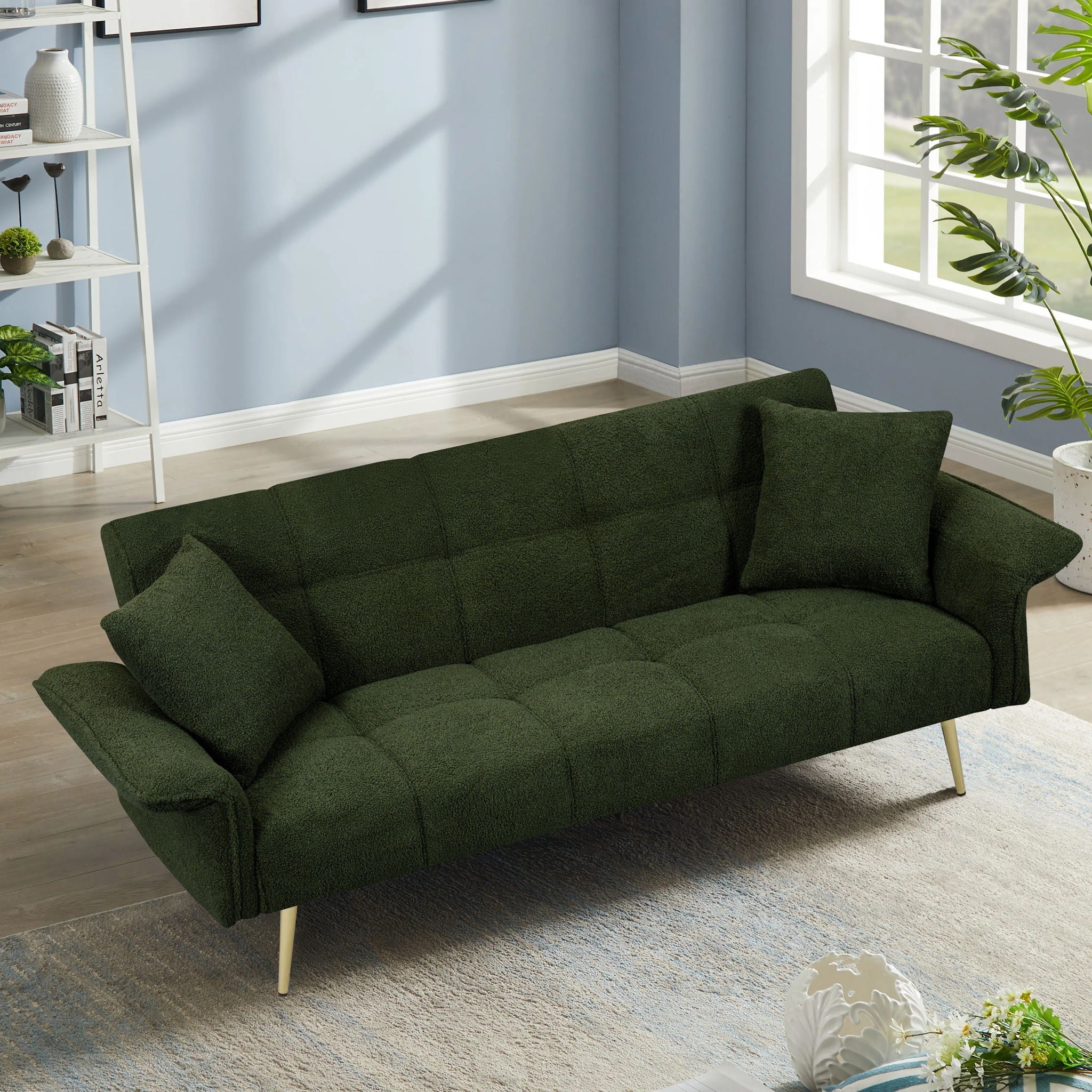 Convertible Double Futon Sofa Bed With Folding Armrests For Living Rooms