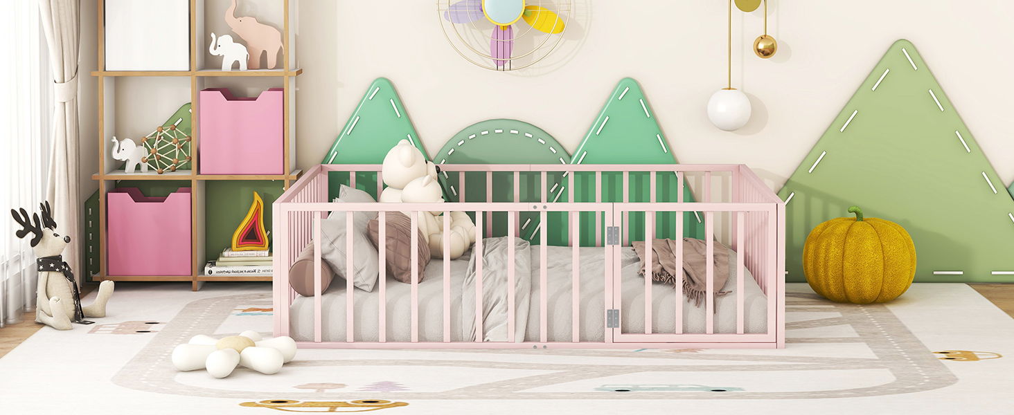 Metal Floor Bed Frame With Fence And Door