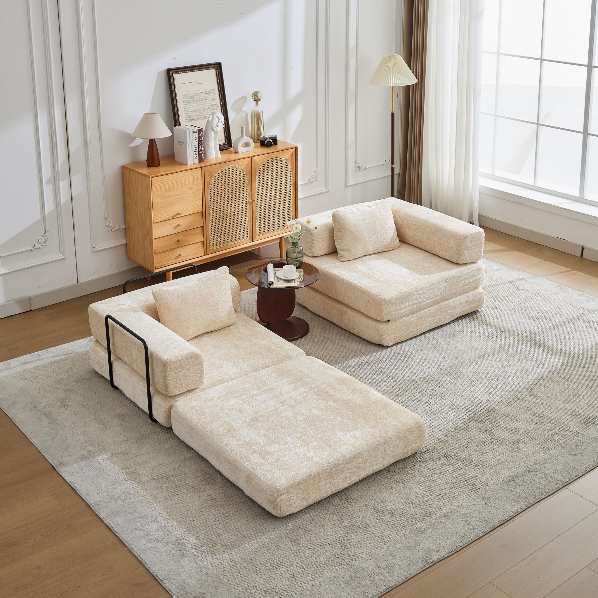 Convertible Floor Sofa Bed With Pillow Back Support Armrest