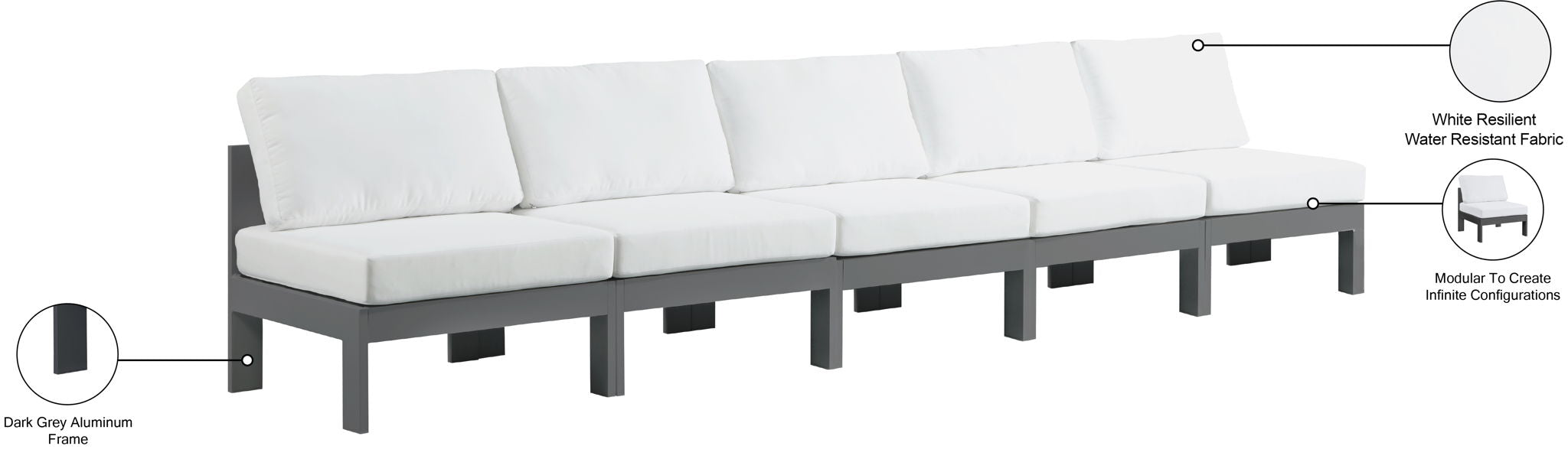 Nizuc - Outdoor Patio 5 Seat Modular Armless Sofa With Gray Frame