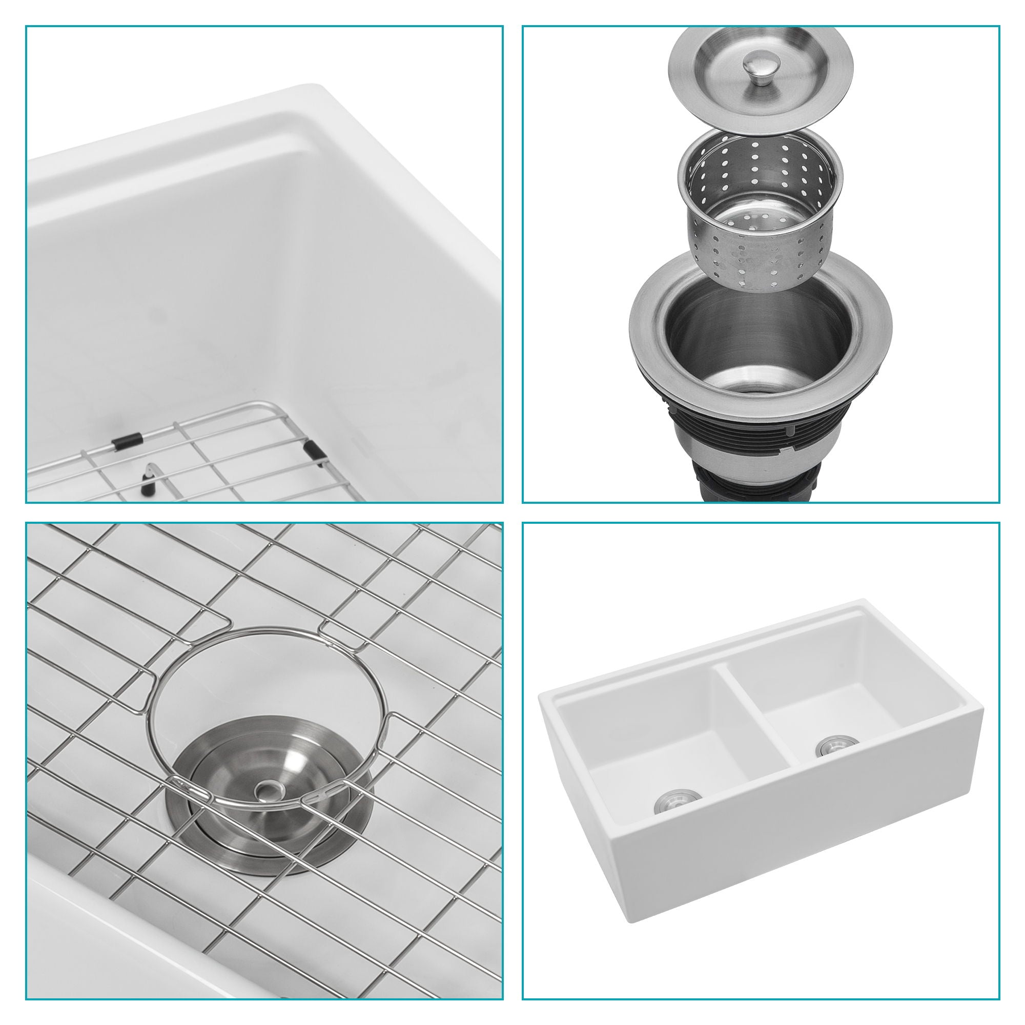Farmhouse Sink Workstation 33" Ceramic Double Bowl Kitchen Sink With Ledges - White