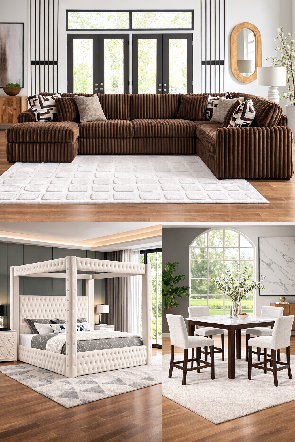 Bottega 4 Piece Brown 3 ROOM PACKAGE DEAL including Oversized Sectional, 5pcs dining set and Canopy Bed frame