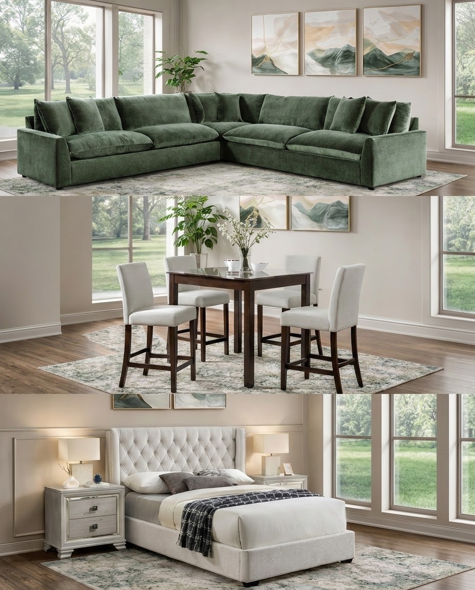 The Vivienne 3 ROOM PACKAGE DEAL including Sectional Sofa, 5PCS Dining set & Bed frame