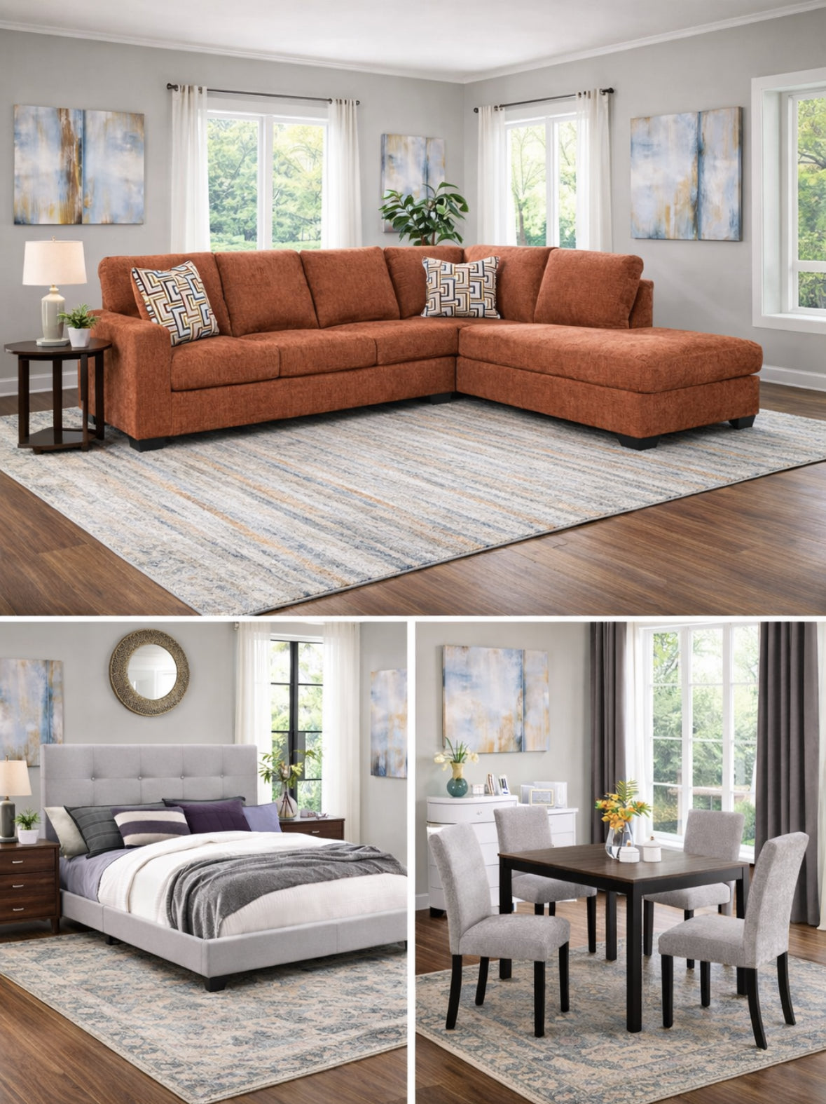 Aviemore Spice 3 room package deal Sectional Sofa, 5pcs dining set and bed frame