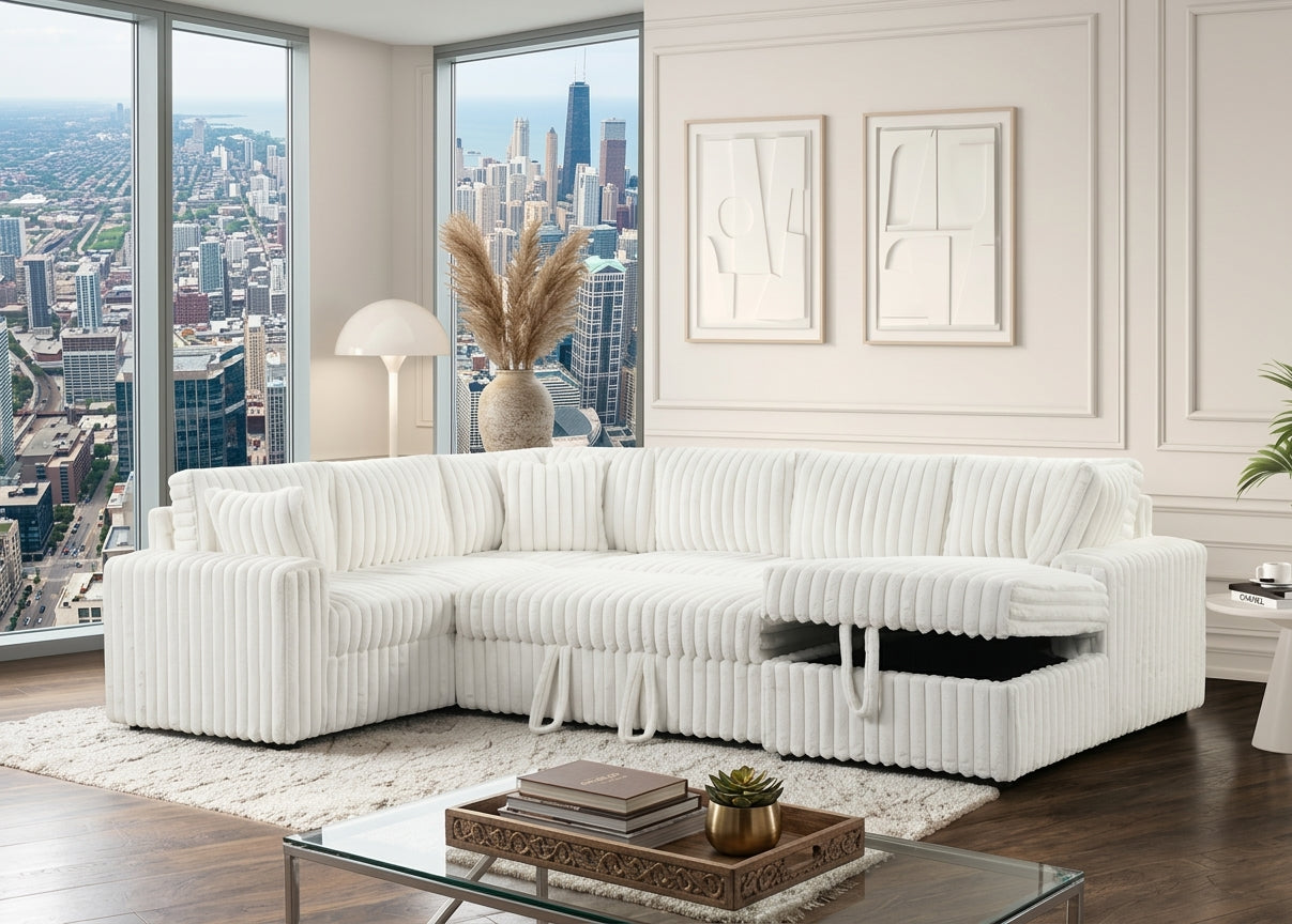 Bliss White Pullout & Storage Sectional 5PCS Dining set Bed frame Free Mattrress and Free tv
