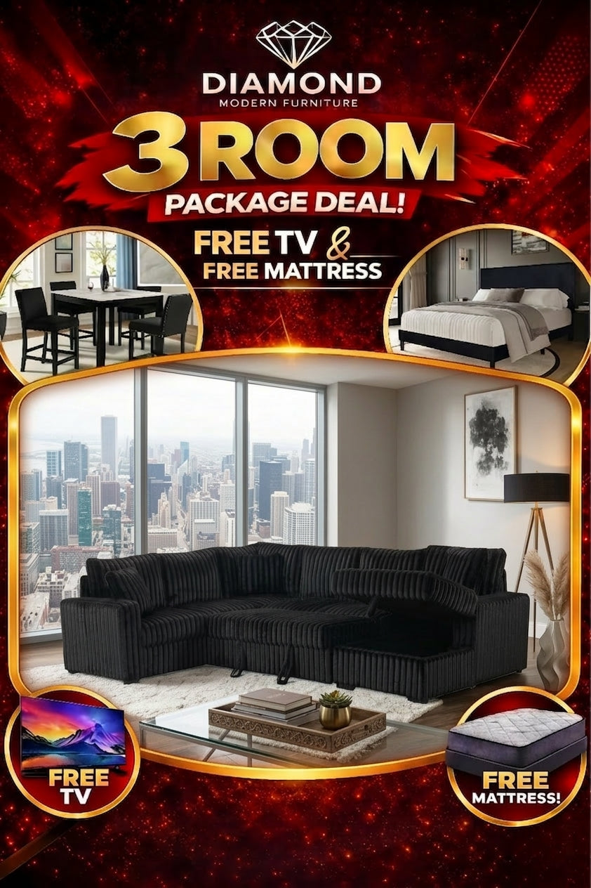 Bliss Black Pullout & Storage Sectional 5PCS Dining set Bed frame Free Mattrress and Free tv