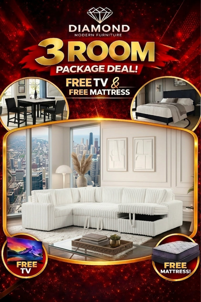 Bliss White Pullout & Storage Sectional 5PCS Dining set Bed frame Free Mattrress and Free tv