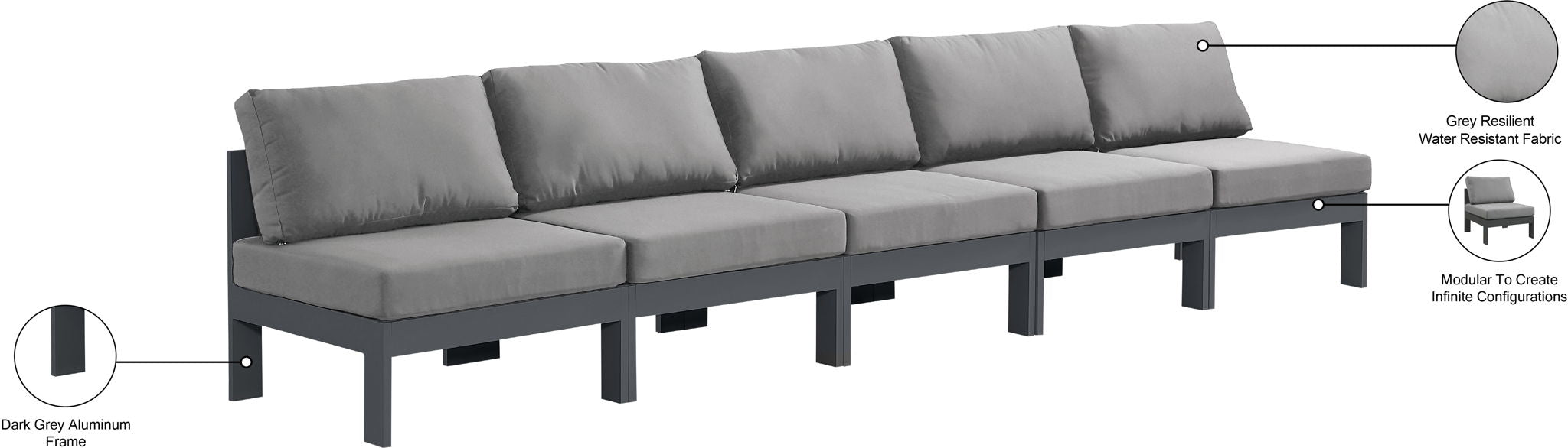 Nizuc - Outdoor Patio 5 Seat Modular Armless Sofa With Gray Frame