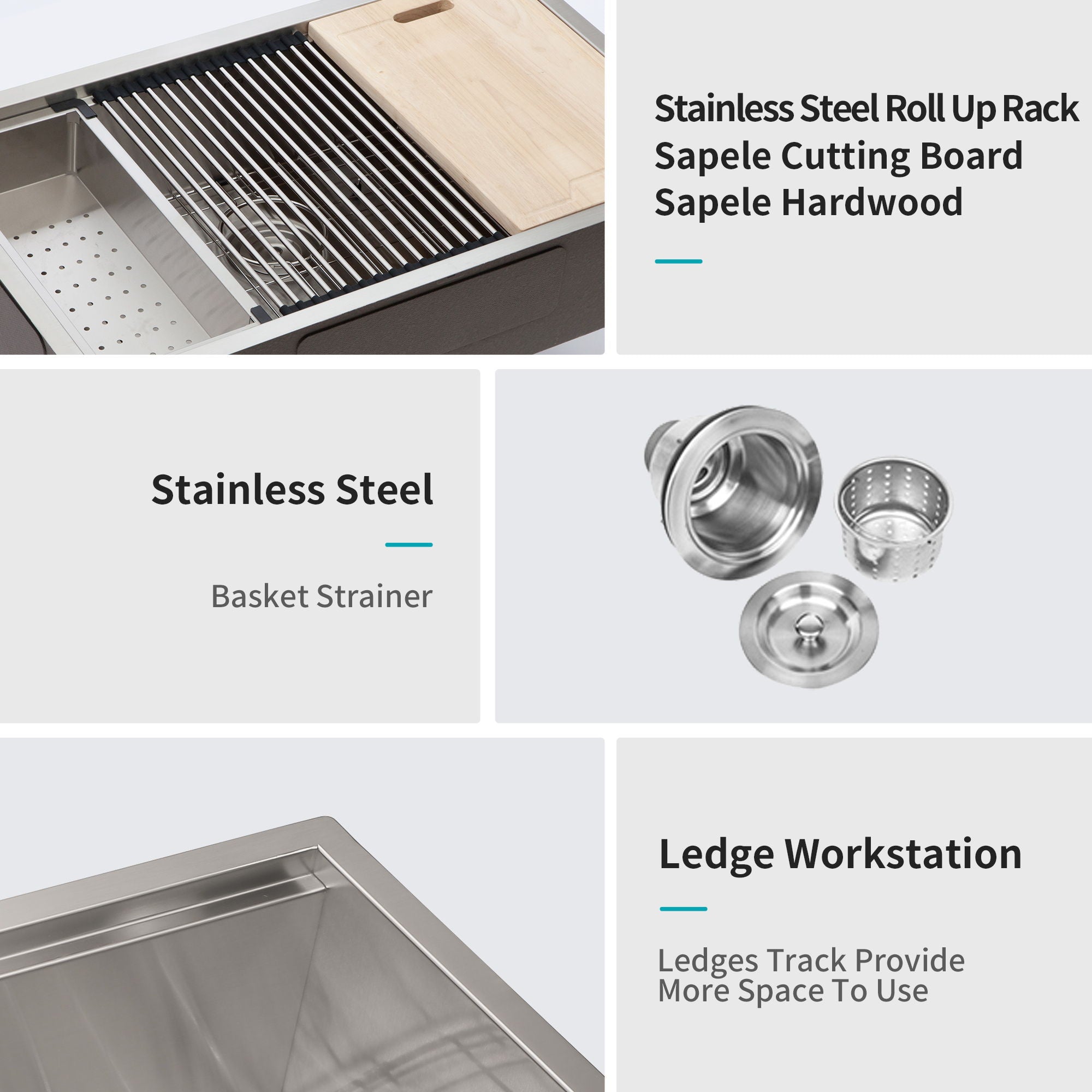 32" Undermount Kitchen Sink Brushed Nickel 16 Gauge Stainless Steel Single Bowl With Ledge Workstation, 32 X 19 X 9 Inch